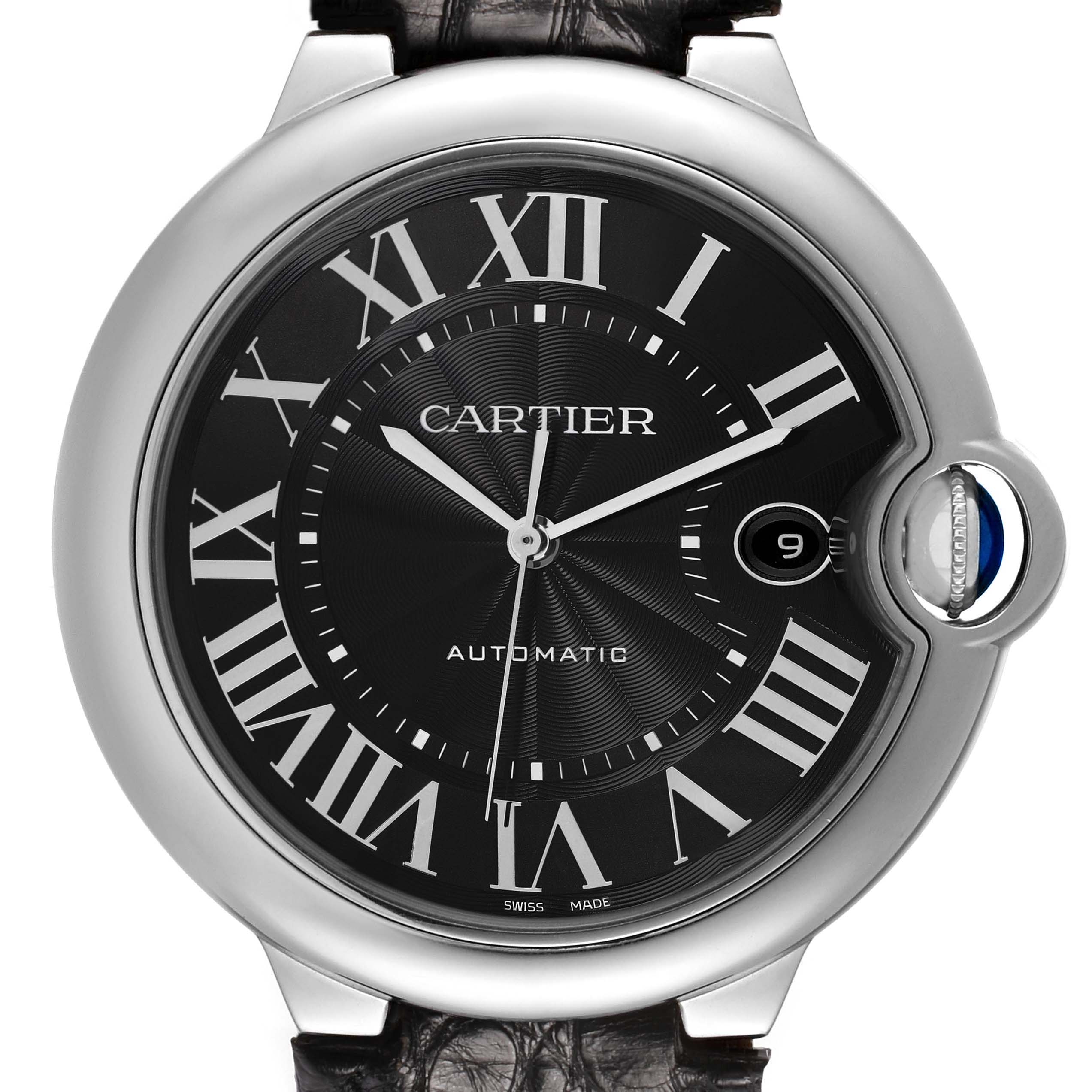 The image shows a close-up of the Cartier Ballon Bleu WSBB0003 Men's Stainless Steel Black Dial watch face, highlighting the black dial, Roman numerals, and crown with a blue cabochon.