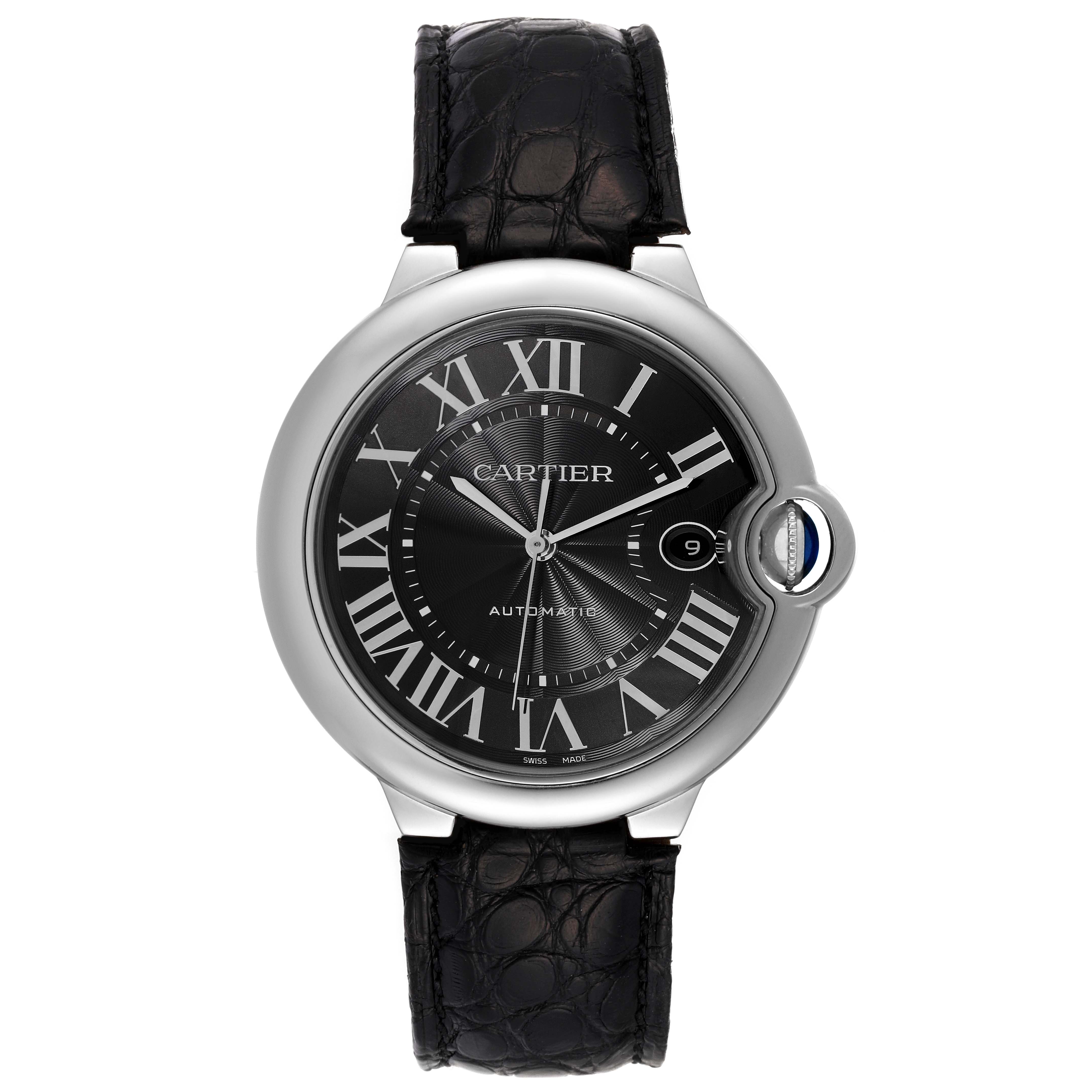 The Cartier Ballon Bleu WSBB0003 Men
s Stainless Steel Black Dial WSBB0003 Men
s Stainless Steel Black Dial is shown from a front angle displaying the face, Roman numerals, hands, crown, and leather strap.