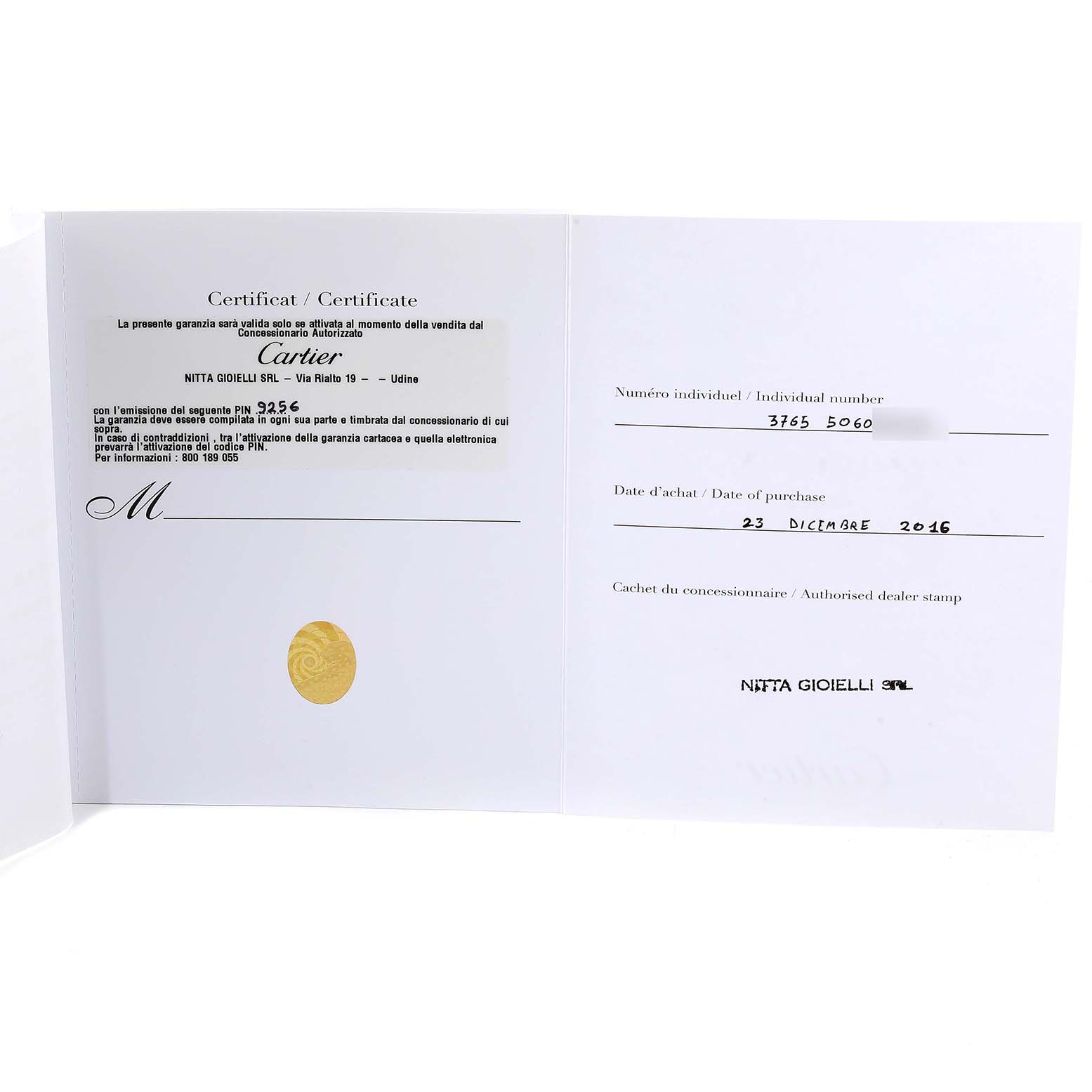 This image shows the warranty certificate for a Cartier Ballon Bleu WSBB0003 Men
s Stainless Steel Black Dial WSBB0003 Men
s Stainless Steel Black Dial watch, displaying details like the purchase date and dealer stamp.
