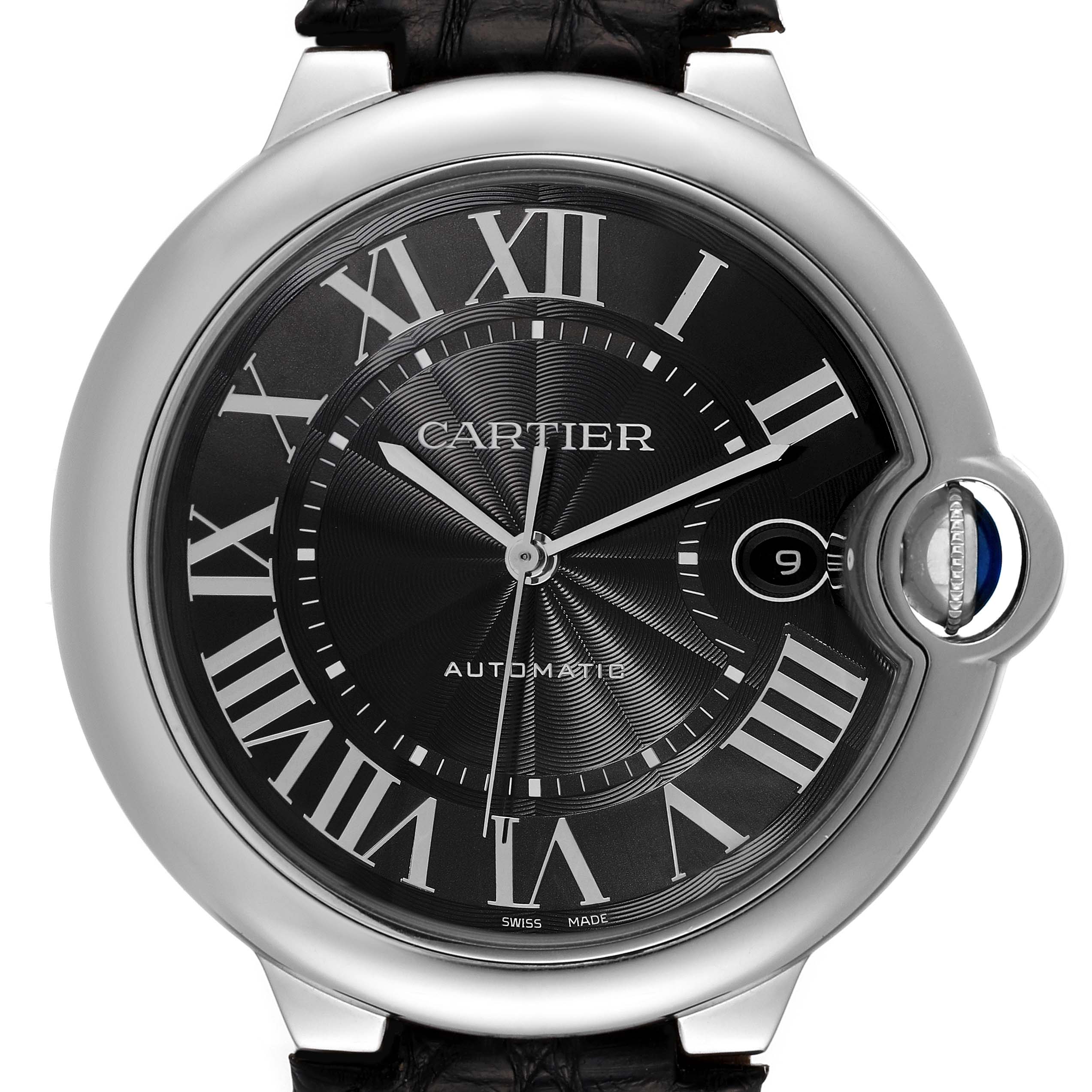 The Cartier Ballon Bleu WSBB0003 Men
s Stainless Steel Black Dial WSBB0003 Men
s Stainless Steel Black Dial watch is shown from the front, highlighting its round face, Roman numerals, and distinctive crown.