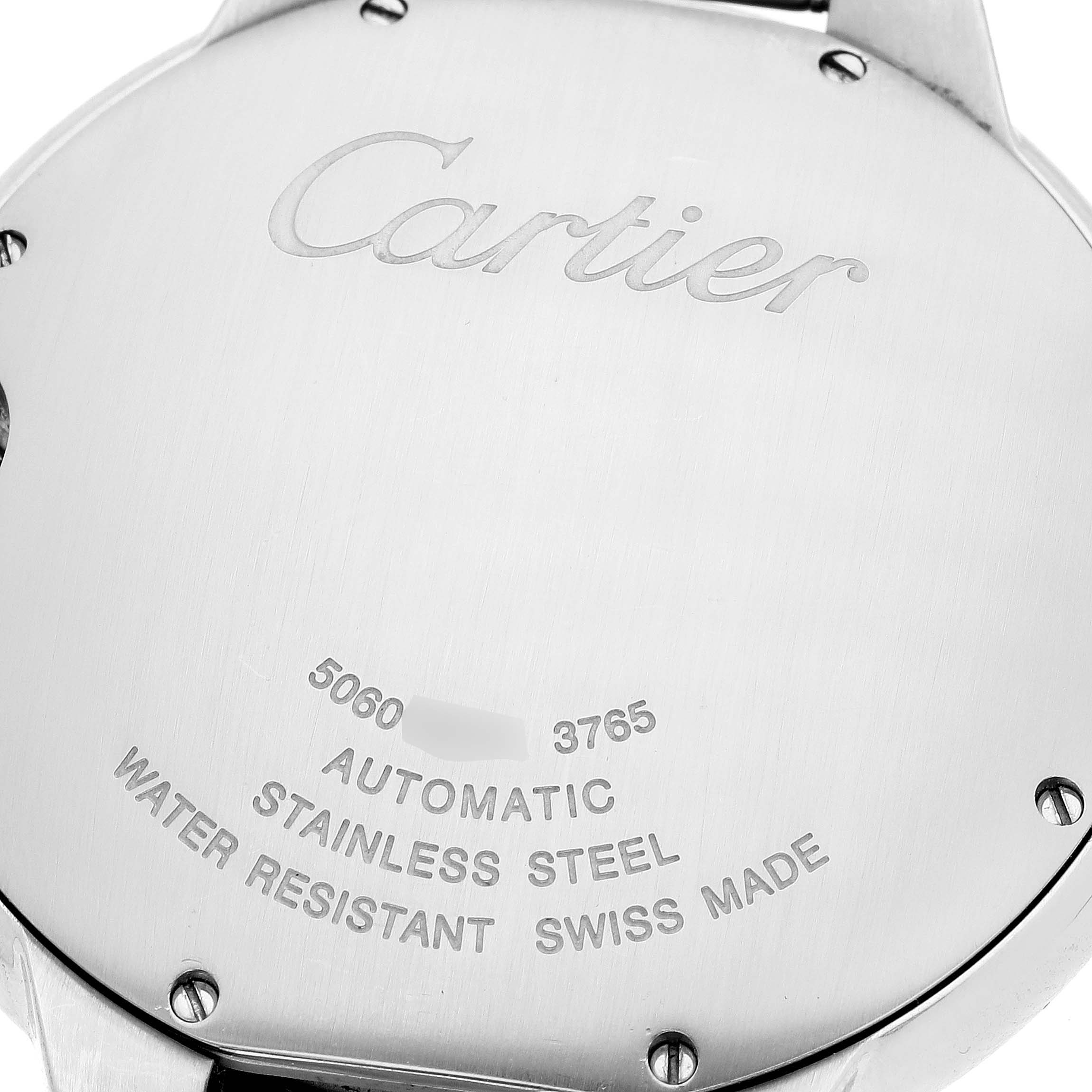 The image shows the back of a Cartier Ballon Bleu WSBB0003 Men
s Stainless Steel Black Dial WSBB0003 Men
s Stainless Steel Black Dial watch, highlighting engravings including brand, model, and material details.