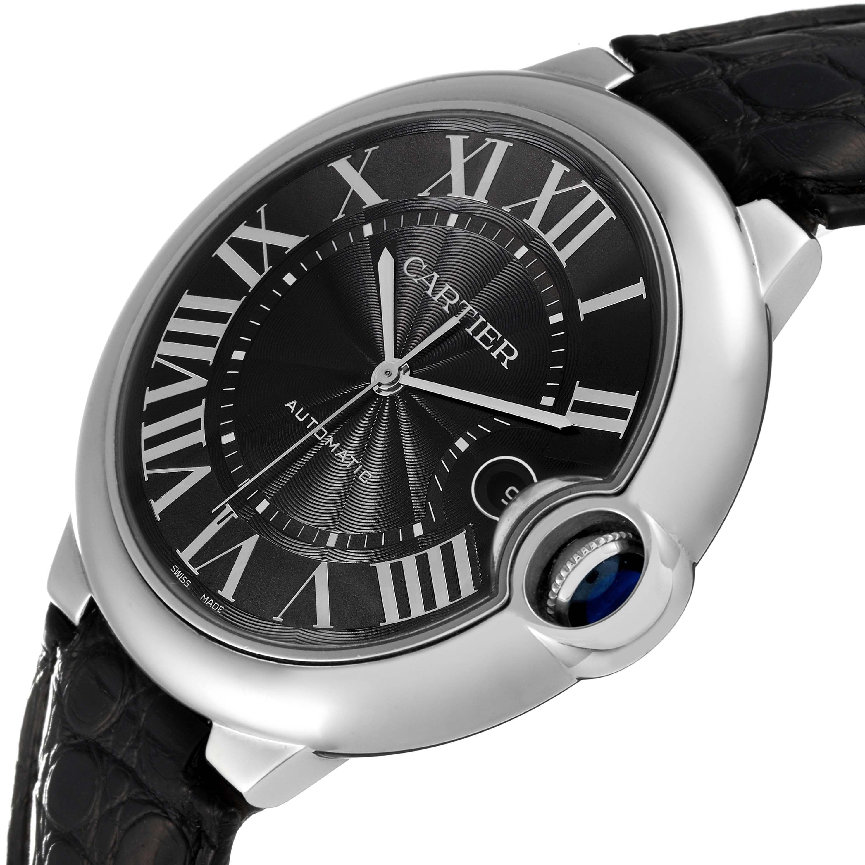 The Cartier Ballon Bleu WSBB0003 Men
s Stainless Steel Black Dial WSBB0003 Men
s Stainless Steel Black Dial watch is shown at a slight angle, highlighting its case, dial, and crown, with visible Roman numerals and leather strap.