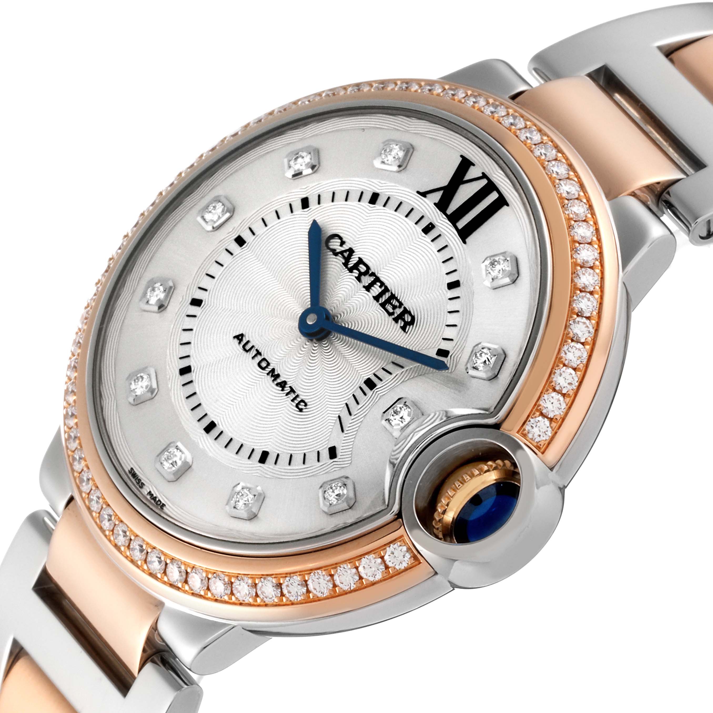 The image shows a close-up angle of the dial and part of the bracelet of a Cartier Ballon Bleu W3BB0004 Women's Steel and Gold (two tone) Silver Dial W3BB0004 Women's Steel and Gold (two tone) Silver Dial watch.