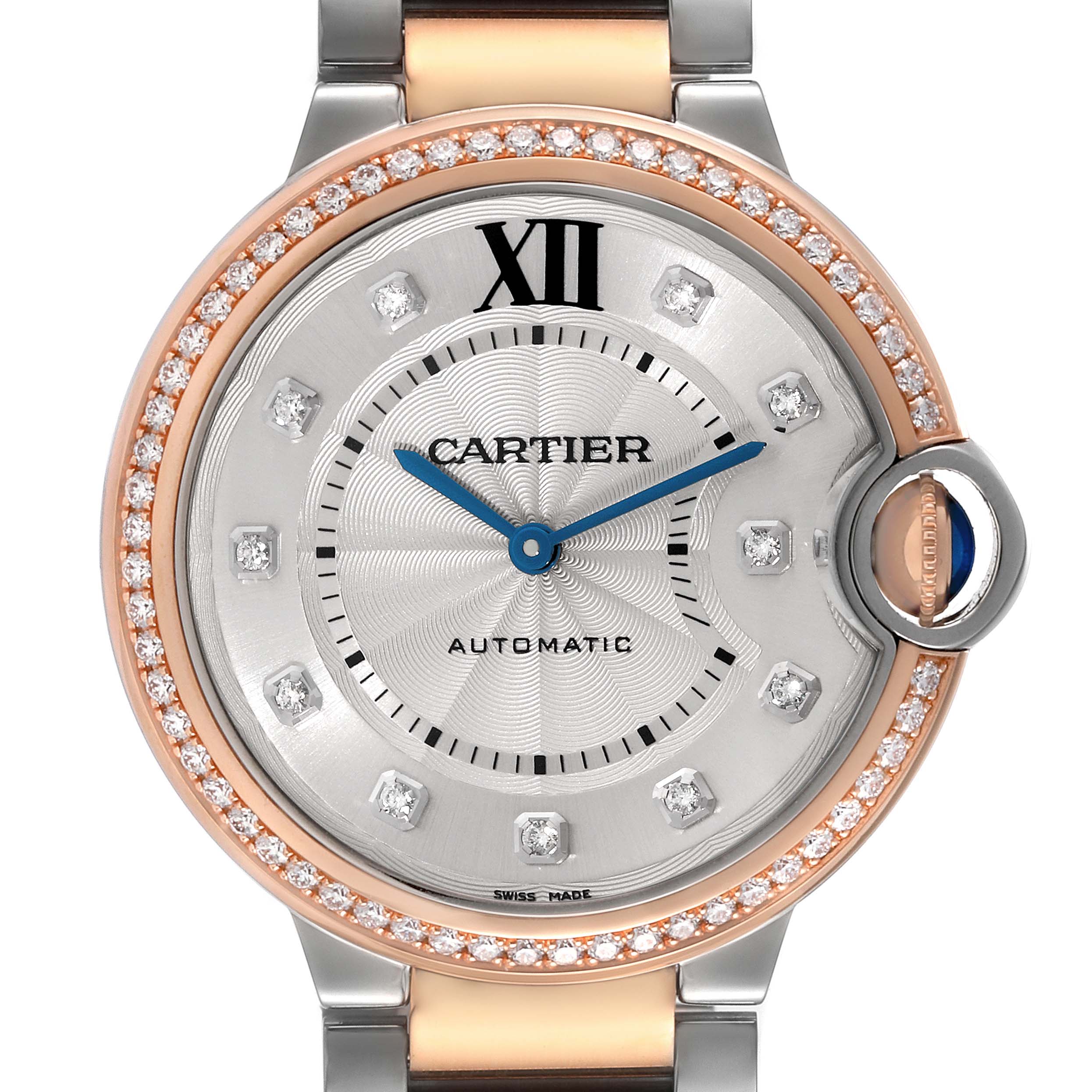 The image shows a front-facing view of the Cartier Ballon Bleu W3BB0004 Women's Steel and Gold (two tone) Silver Dial W3BB0004 Women's Steel and Gold (two tone) Silver Dial watch, highlighting the dial, hands, and bejeweled bezel.