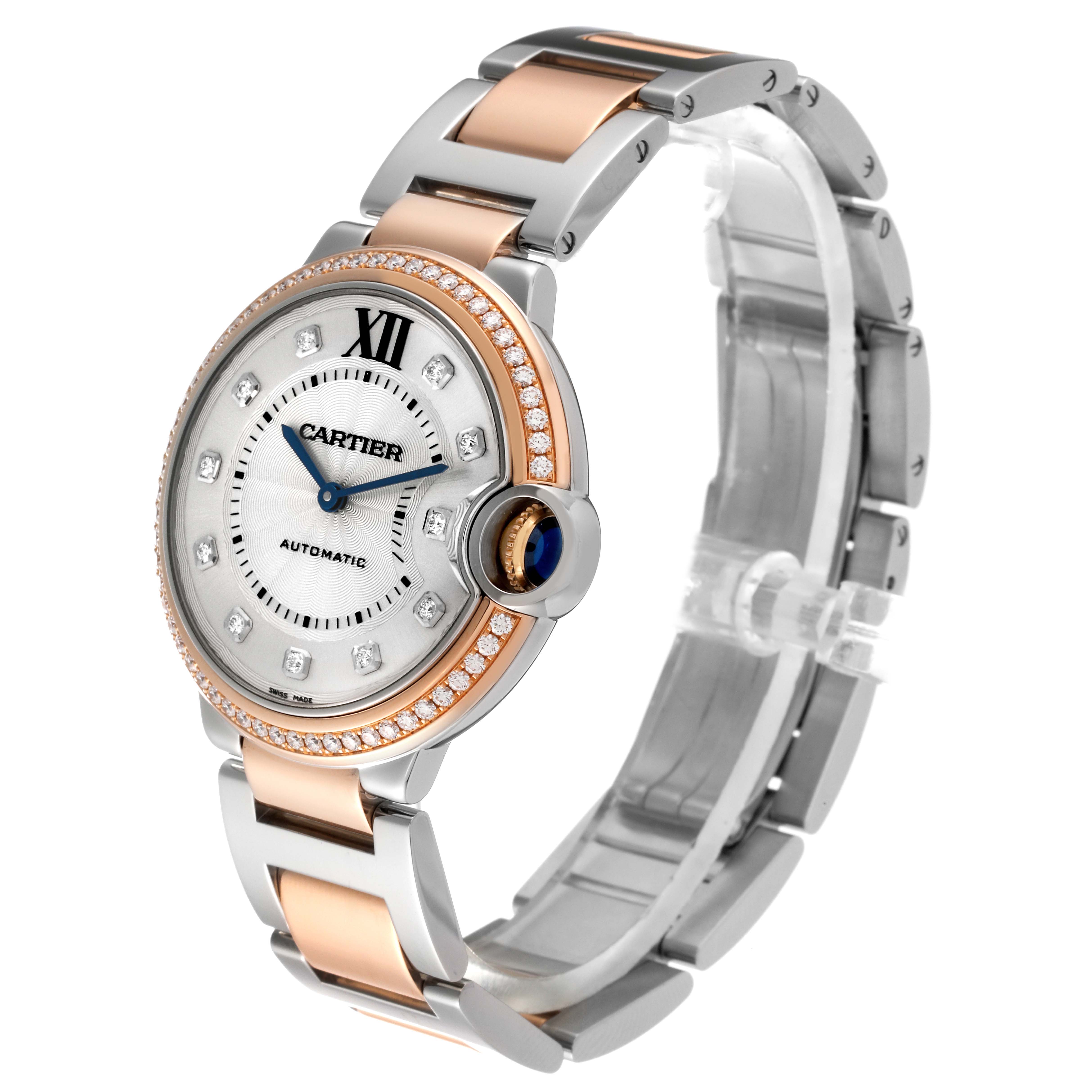 The image shows a side and front angle of the Cartier Ballon Bleu W3BB0004 Women's Steel and Gold (two tone) Silver Dial W3BB0004 Women's Steel and Gold (two tone) Silver Dial watch, highlighting its dial, bracelet, and crown.