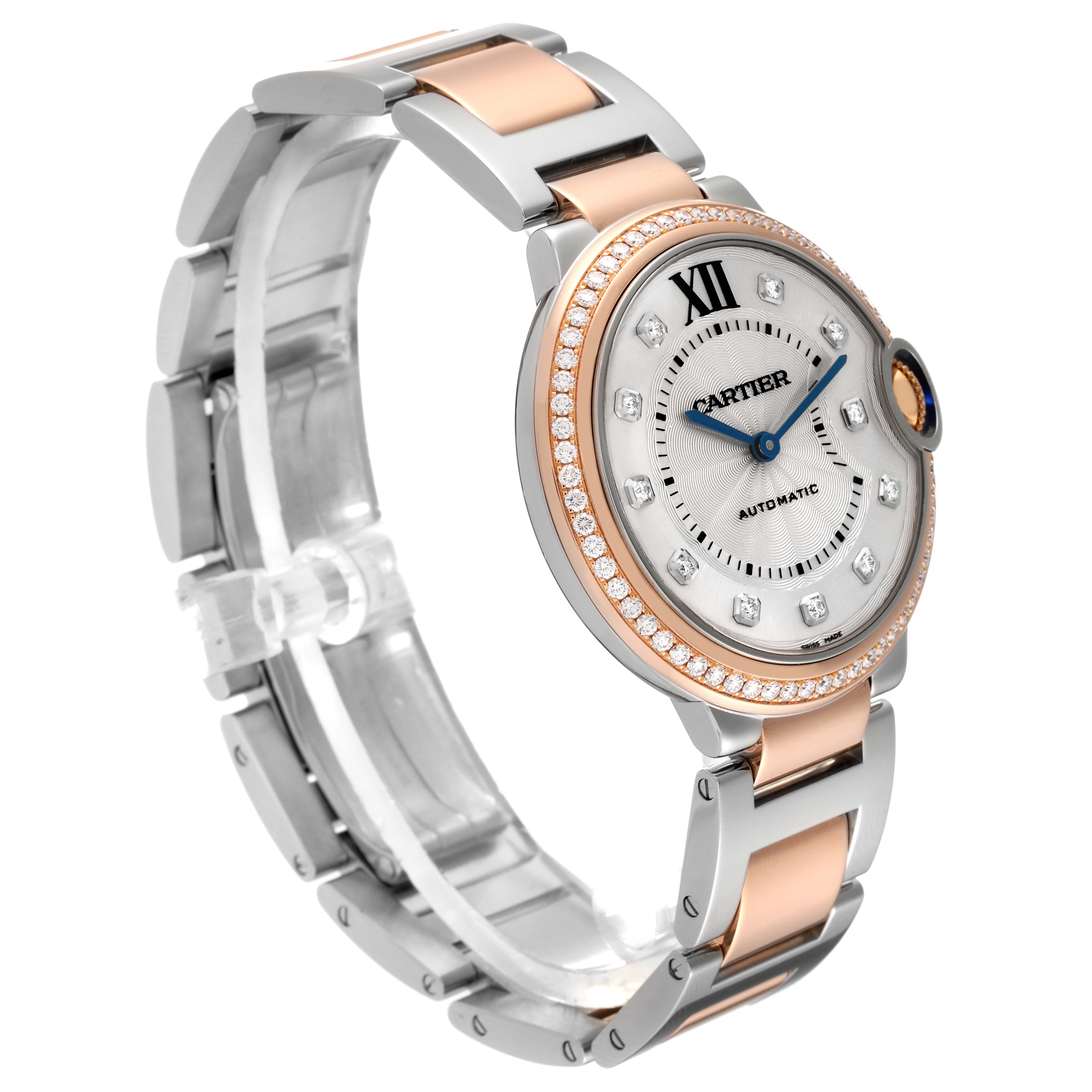 The image shows a Cartier Ballon Bleu W3BB0004 Women's Steel and Gold (two tone) Silver Dial W3BB0004 Women's Steel and Gold (two tone) Silver Dial watch at a three-quarter angle, highlighting its face, bezel, and bracelet.