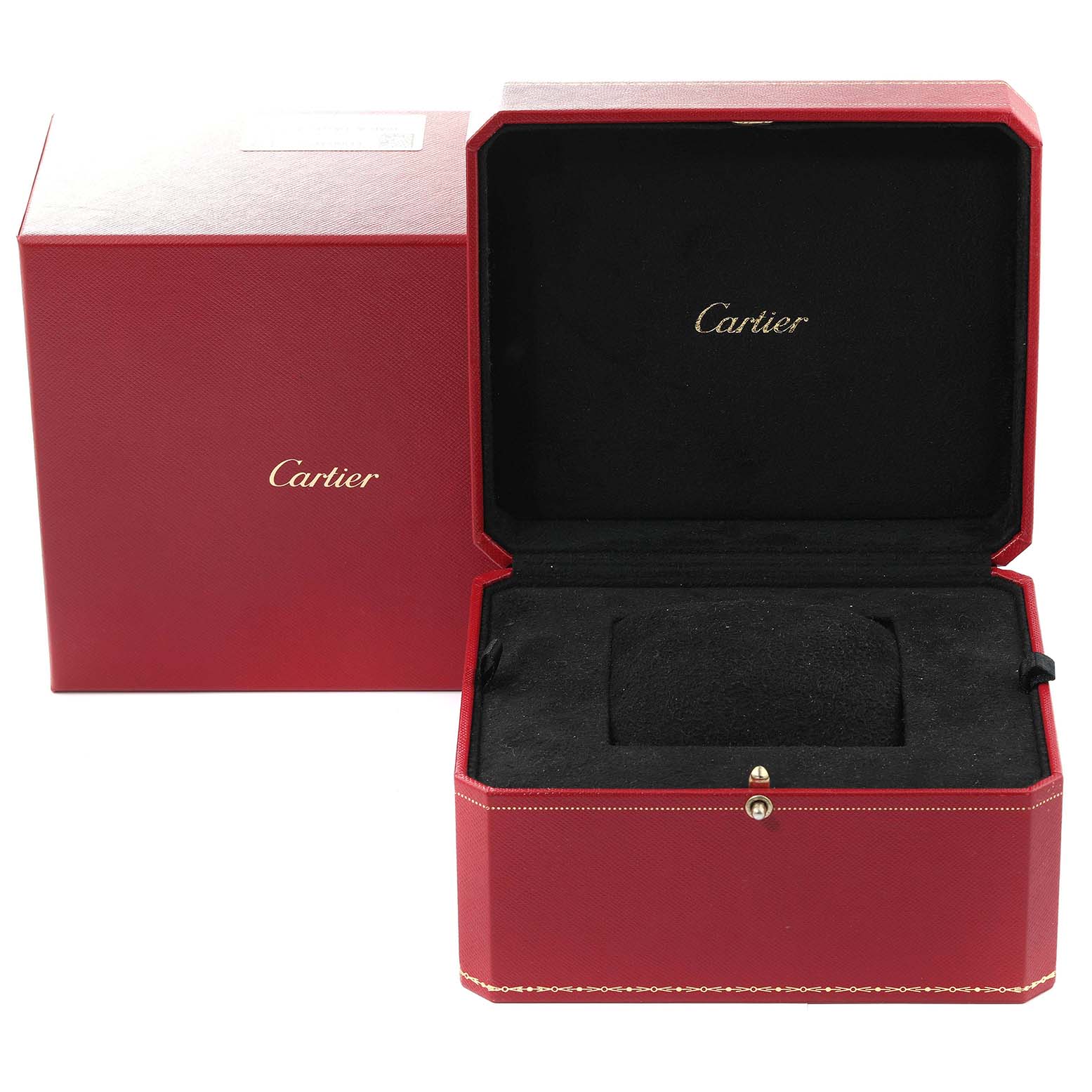 The image shows an open red Cartier watch box and an outer box for the Ballon Bleu model.