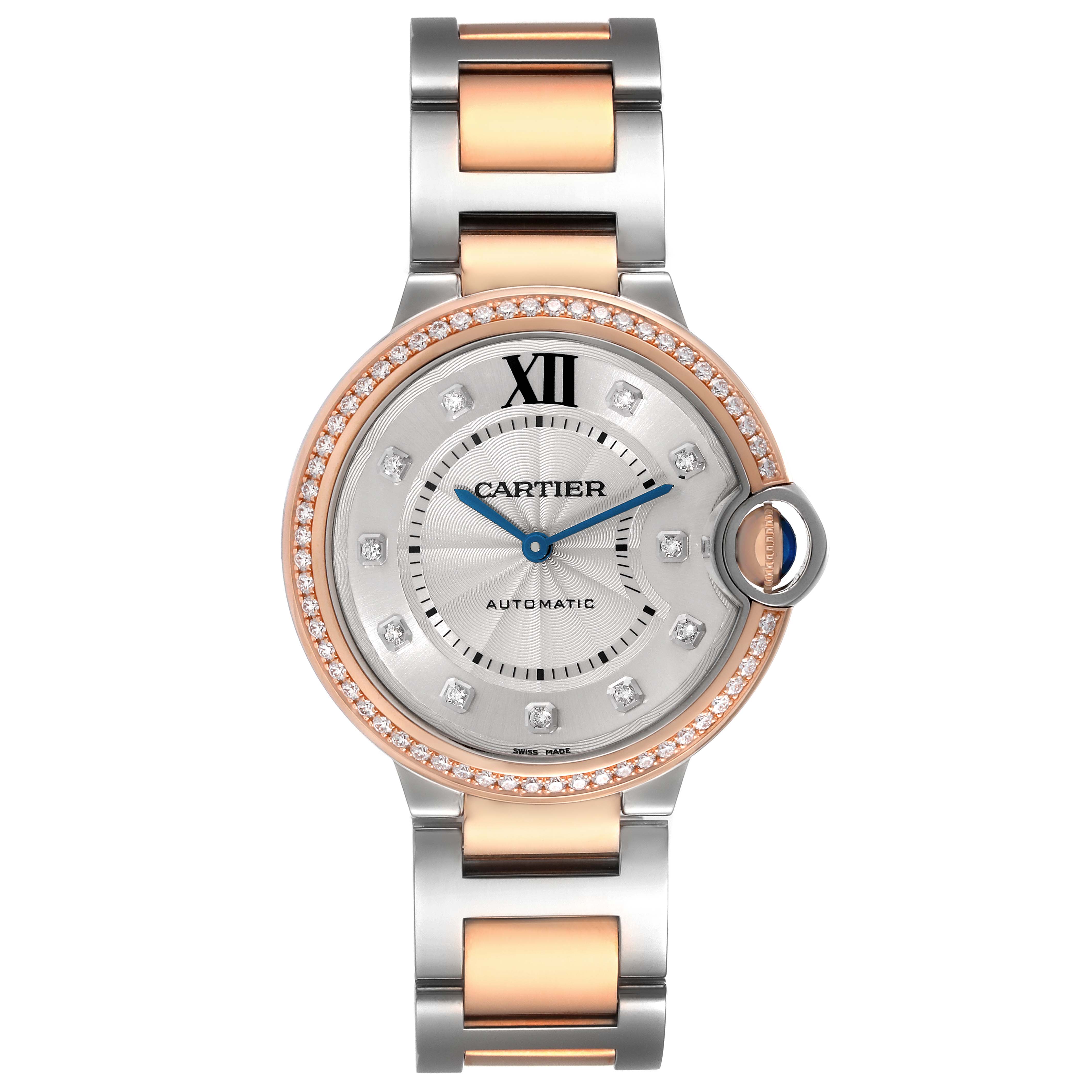 This image shows a frontal view of the Cartier Ballon Bleu W3BB0004 Women's Steel and Gold (two tone) Silver Dial W3BB0004 Women's Steel and Gold (two tone) Silver Dial watch, highlighting its face, bezel, and two-tone bracelet.