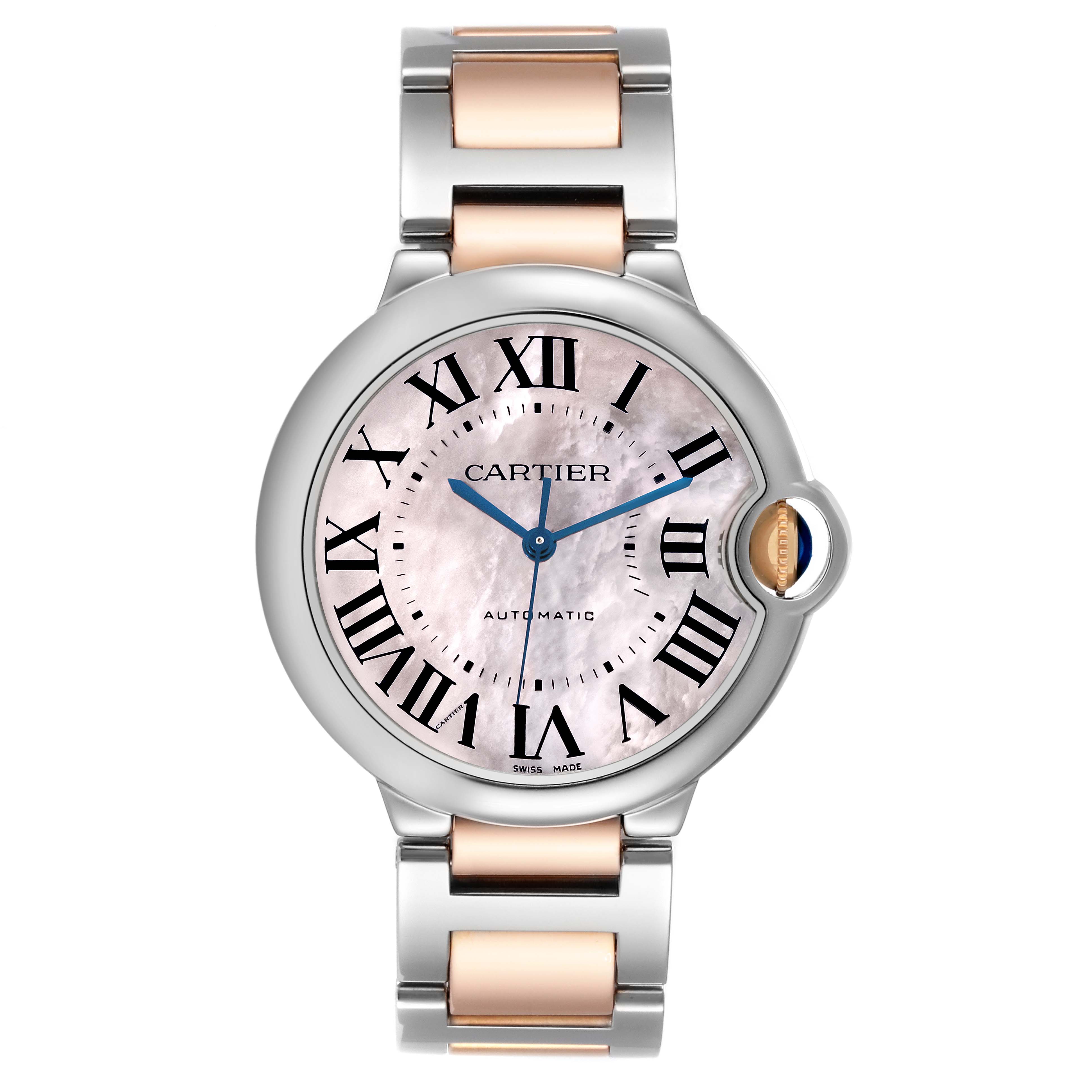 This is a frontal view of the Cartier Ballon Bleu W6920033 Women's Steel and Gold (two tone) Mother of Pearl Dial W6920033 Women's Steel and Gold (two tone) Mother of Pearl Dial watch, showing the face, hands, and the bracelet.