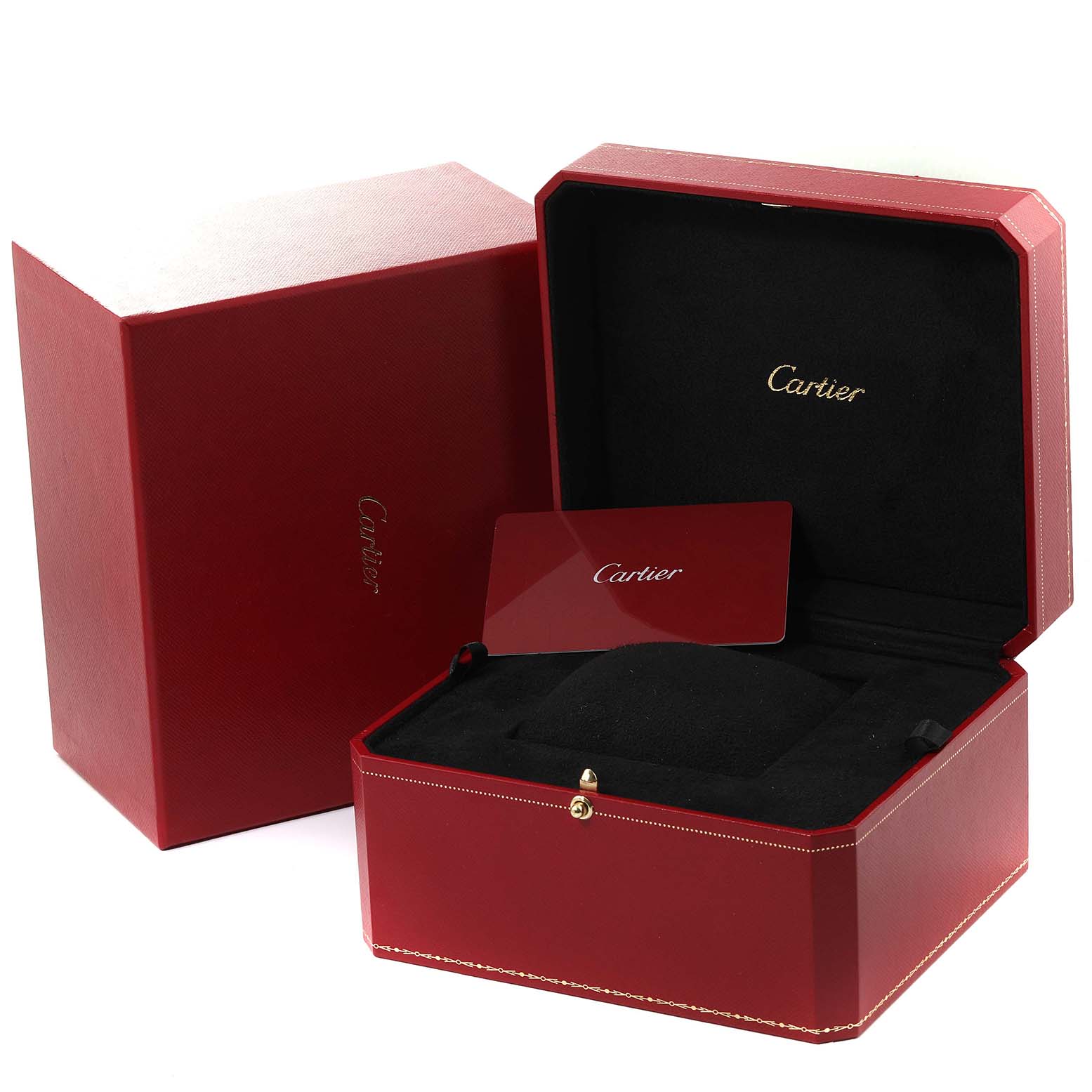 This image shows the open red leather packaging box and authenticity card for the Ballon Bleu model by Cartier, with accompanying outer box.