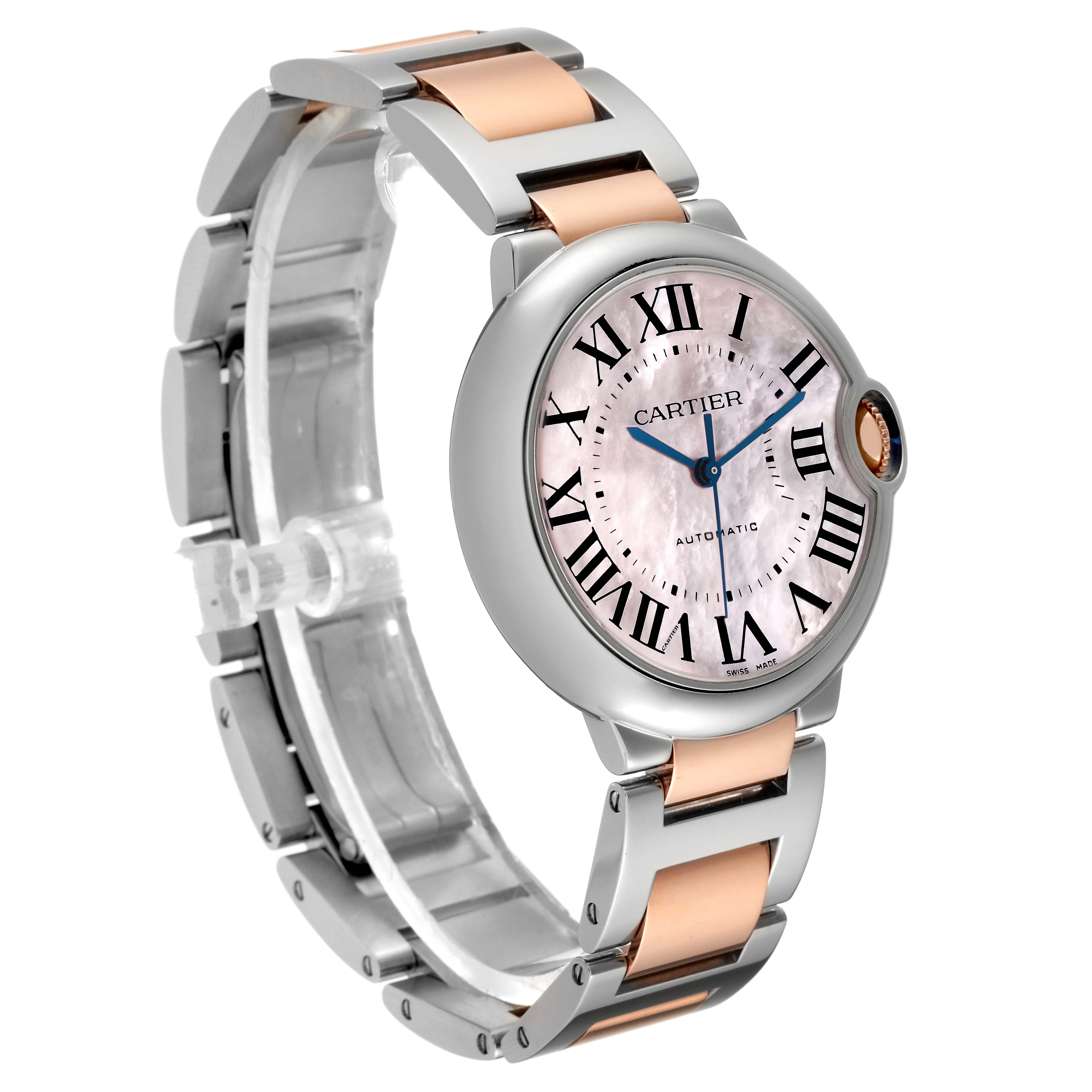 The image shows a Cartier Ballon Bleu W6920033 Women's Steel and Gold (two tone) Mother of Pearl Dial W6920033 Women's Steel and Gold (two tone) Mother of Pearl Dial watch angled from the front-left, highlighting the face, partial bracelet, and crown.