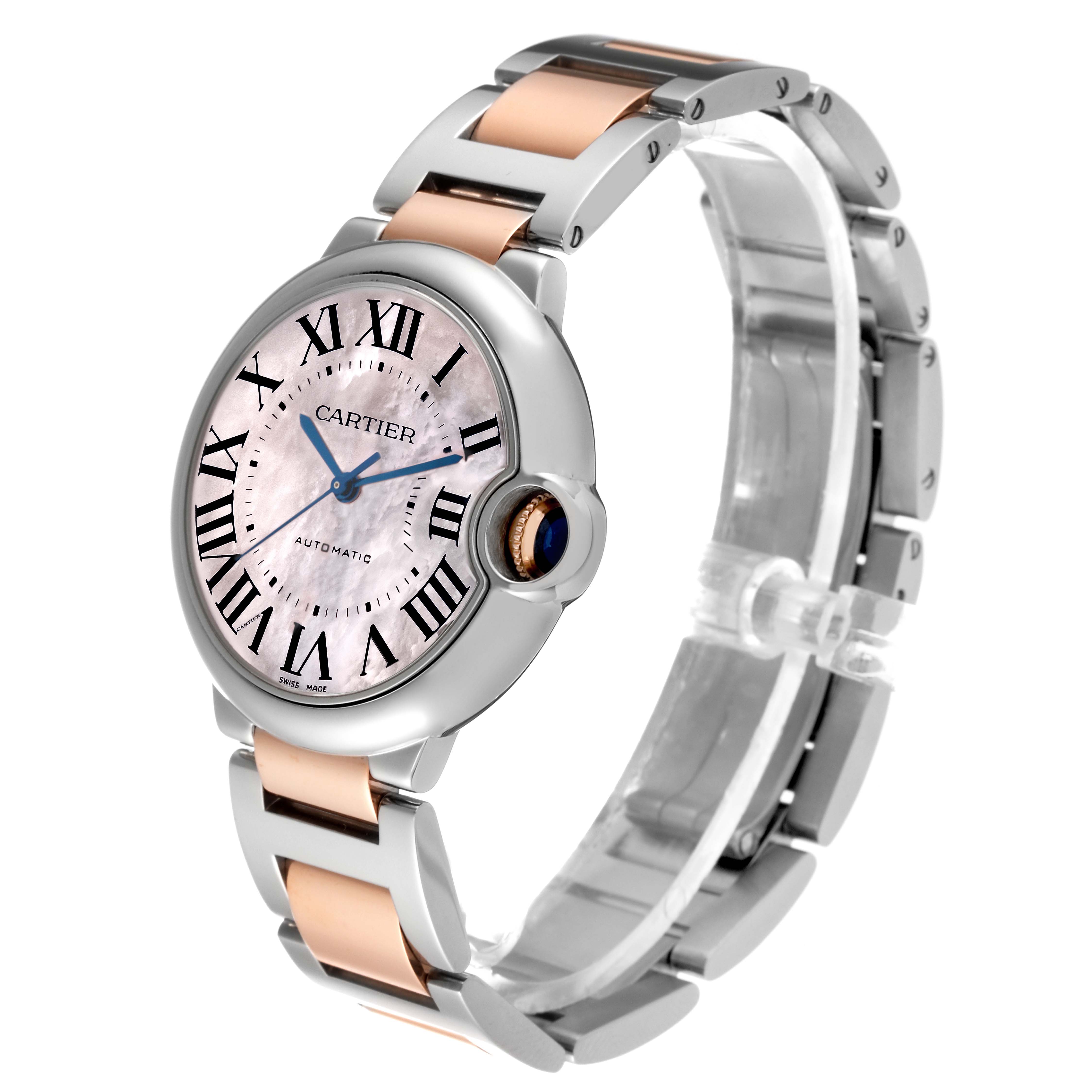 The Cartier Ballon Bleu W6920033 Women's Steel and Gold (two tone) Mother of Pearl Dial W6920033 Women's Steel and Gold (two tone) Mother of Pearl Dial watch is displayed at a three-quarter angle, showing the face, bracelet, and crown.