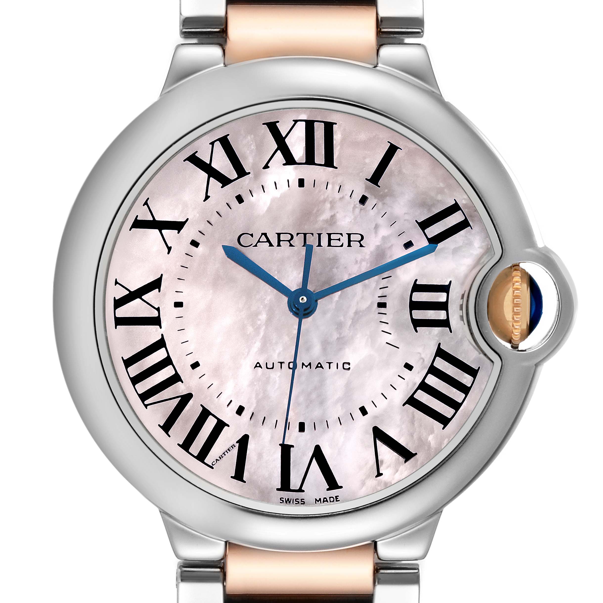 This image shows a front view of a Ballon Bleu de Cartier watch featuring a round face, Roman numerals, and blue hands.