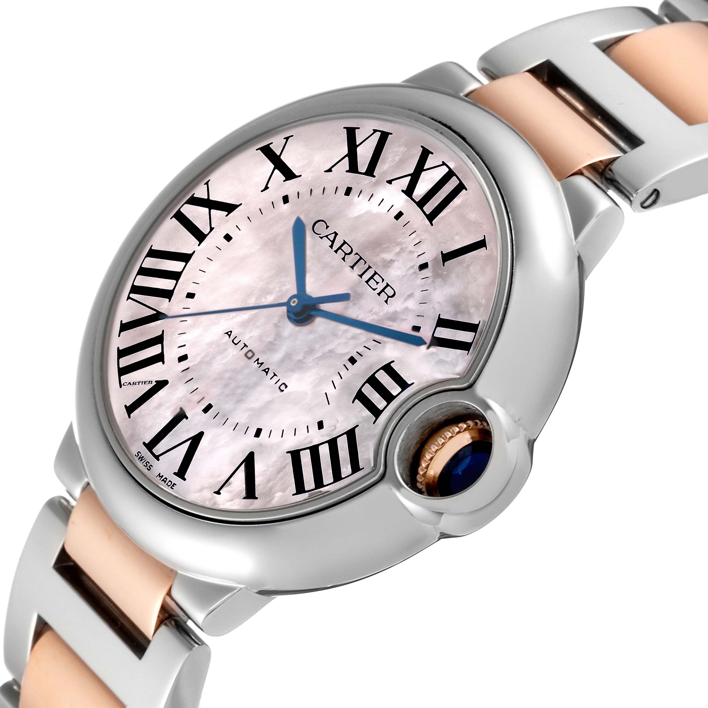 The image shows a close-up angled view of the Cartier Ballon Bleu W6920033 Women's Steel and Gold (two tone) Mother of Pearl Dial W6920033 Women's Steel and Gold (two tone) Mother of Pearl Dial watch face and strap.