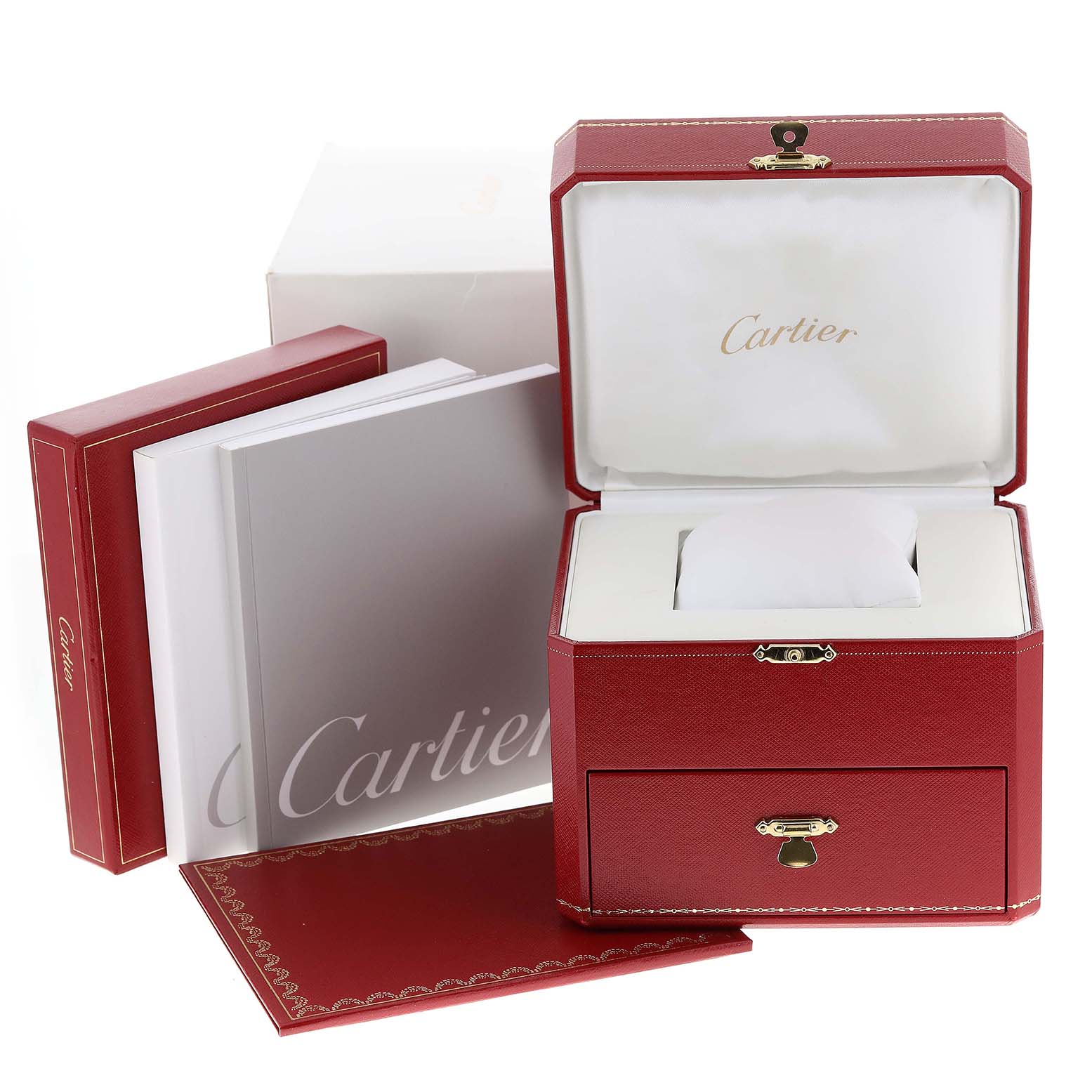 The image shows the packaging, booklets, and display box for a La Dona model by Cartier, with the box lid open.