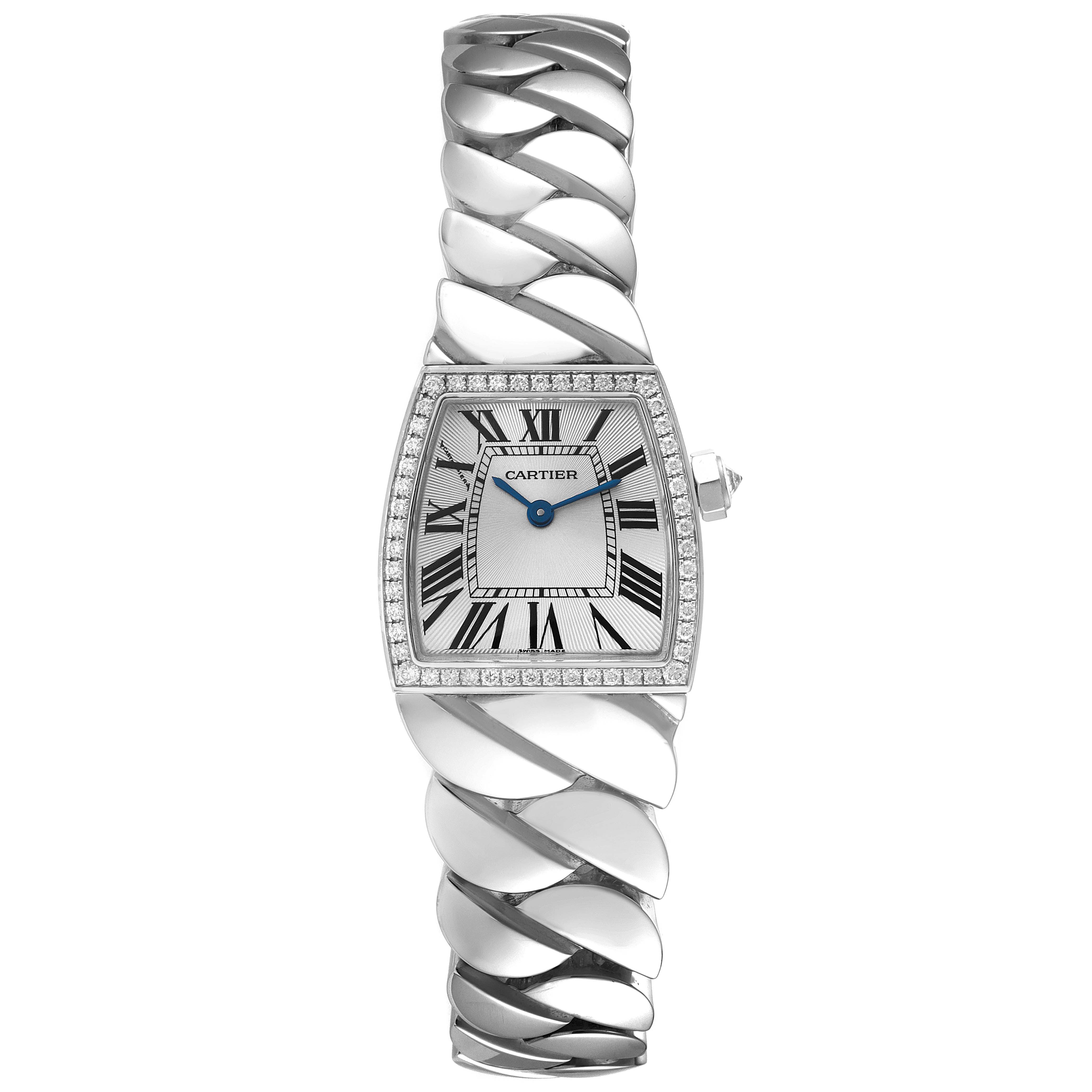 The image shows a front view of a Cartier La Dona WE601005 Women's White Gold Silver Dial WE601005 Women's White Gold Silver Dial watch, highlighting its face, bezel, and distinctive linked bracelet.