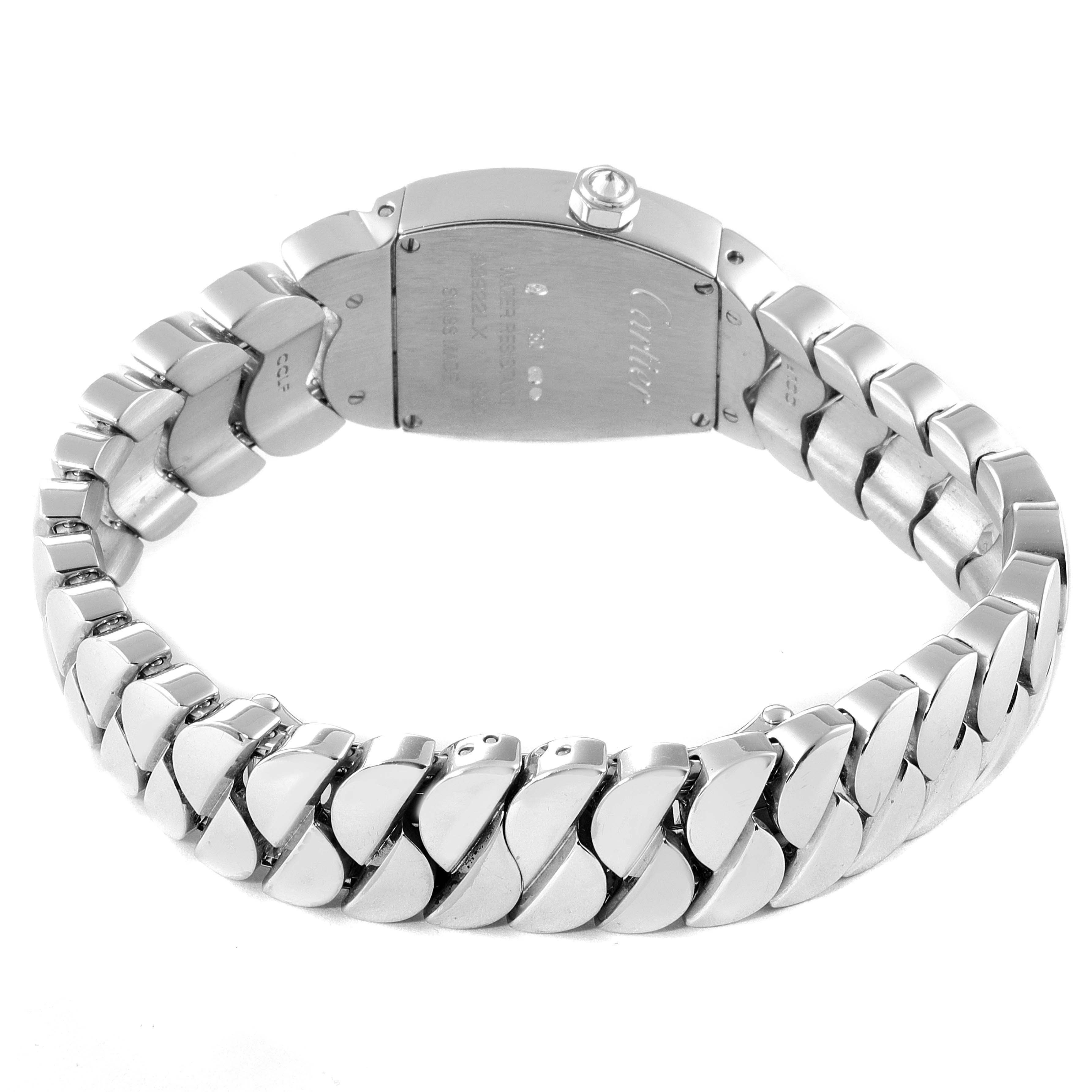 This image shows the back view of the La Dona model by Cartier, highlighting the bracelet and backside of the case.