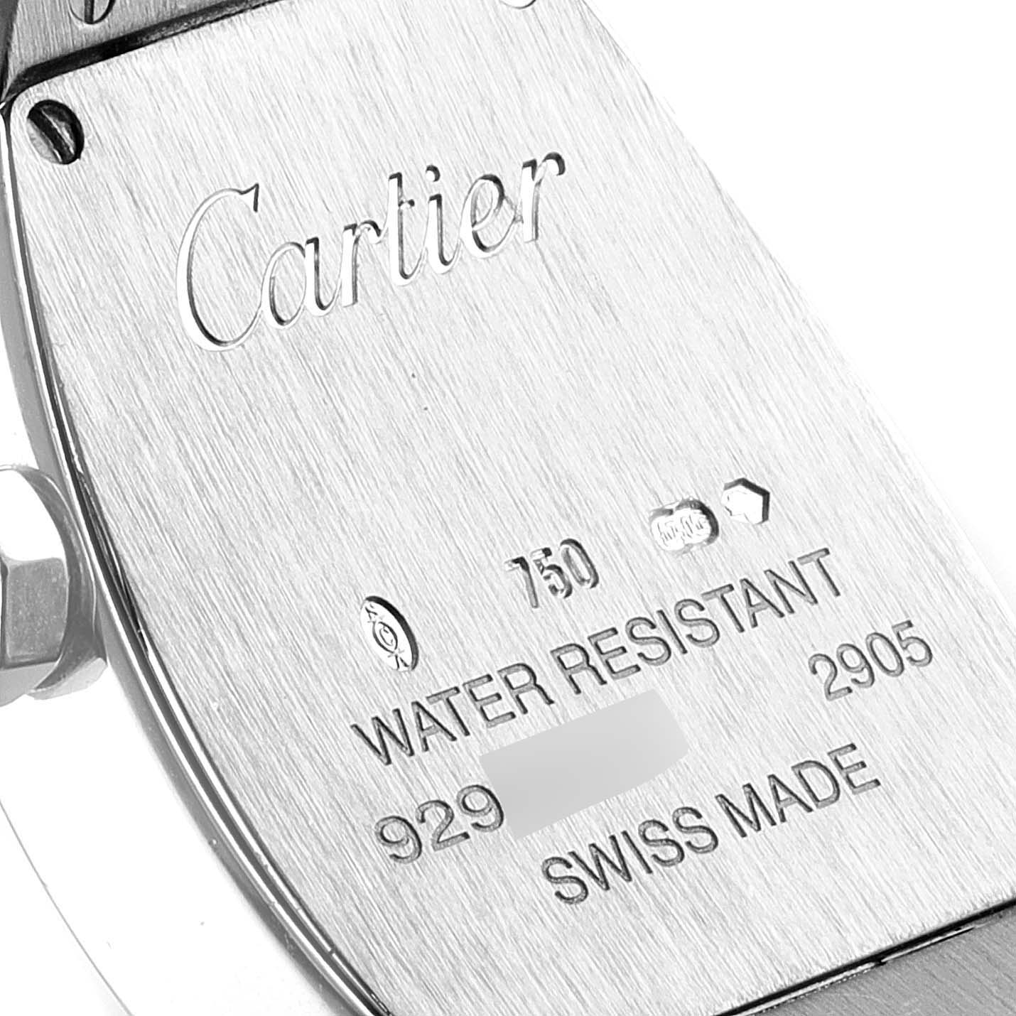 This image shows the back case of a La Dona model watch by Cartier, featuring engravings of brand and specifications.