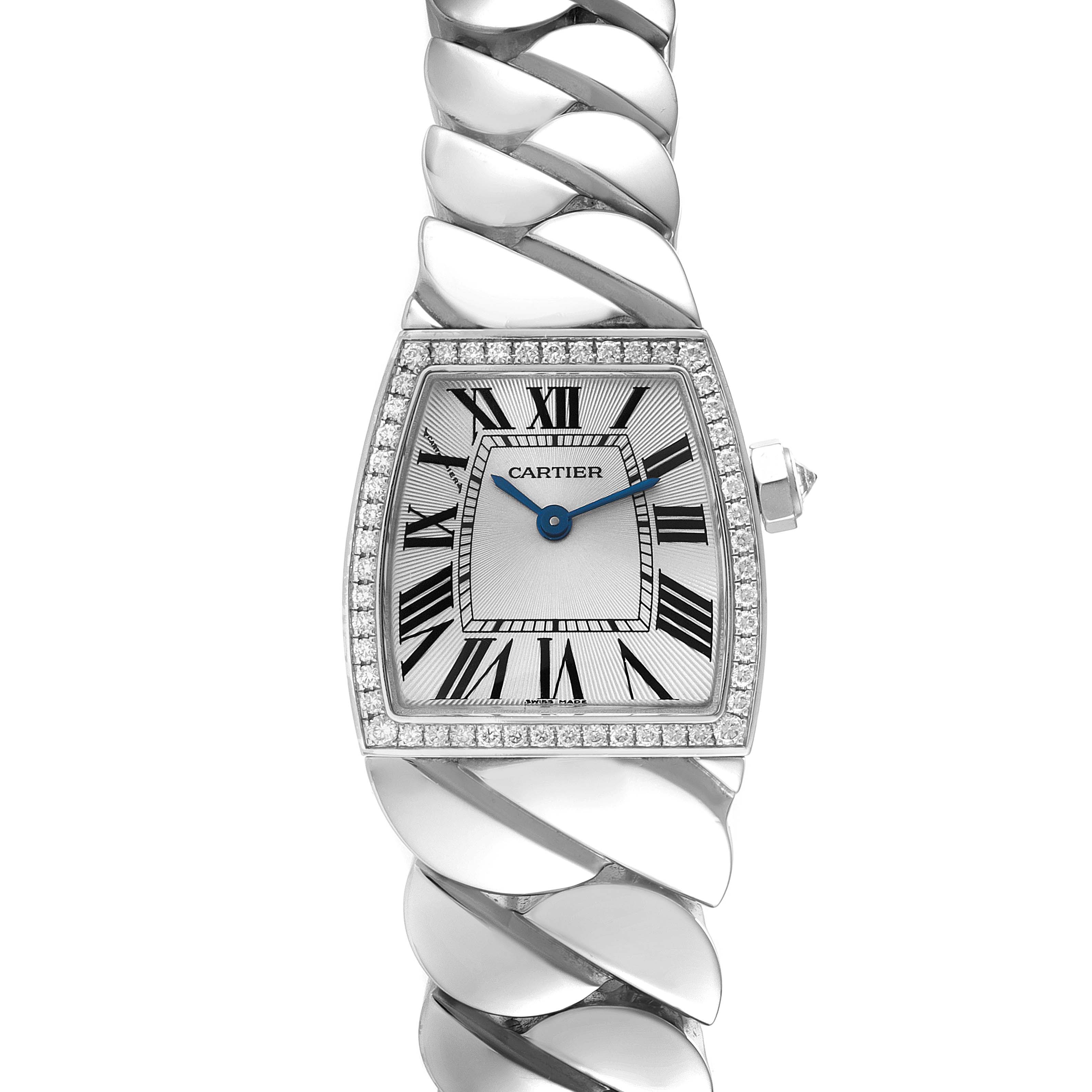 The image shows a front view of the Cartier La Dona WE601005 Women's White Gold Silver Dial WE601005 Women's White Gold Silver Dial watch, highlighting the dial, bracelet, and crown.
