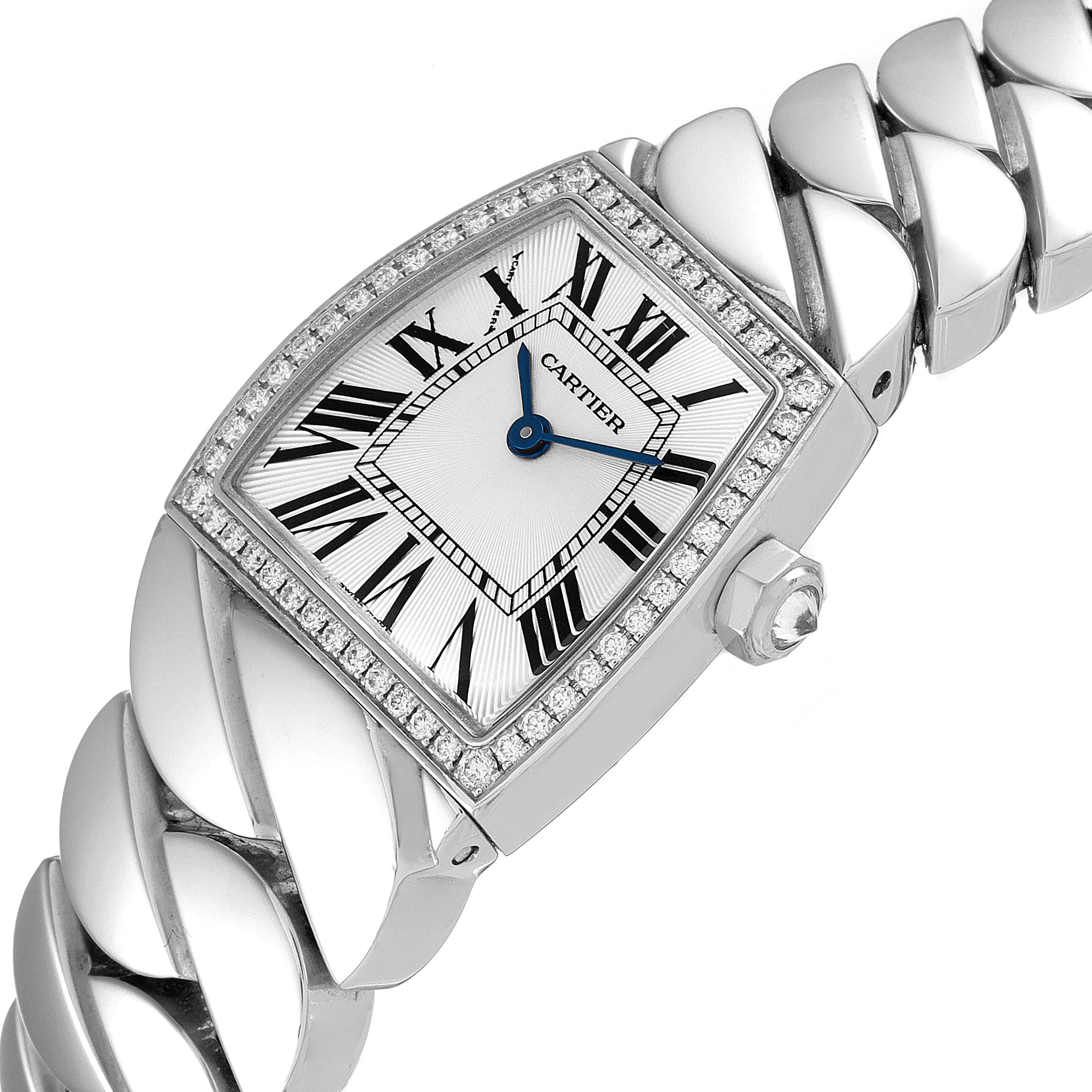 The image shows the Cartier La Dona WE601005 Women's White Gold Silver Dial WE601005 Women's White Gold Silver Dial watch from an angled view, highlighting its face, strap, and bejeweled bezel.