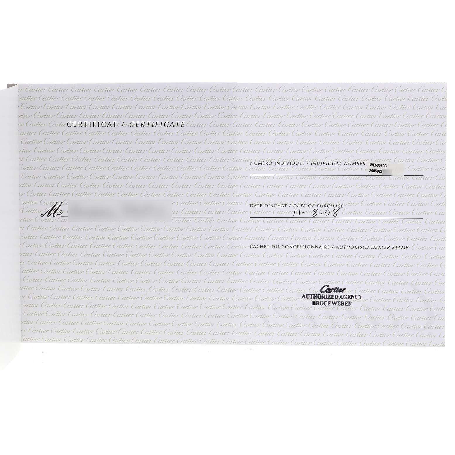 The image shows a certificate for the La Dona model by Cartier.