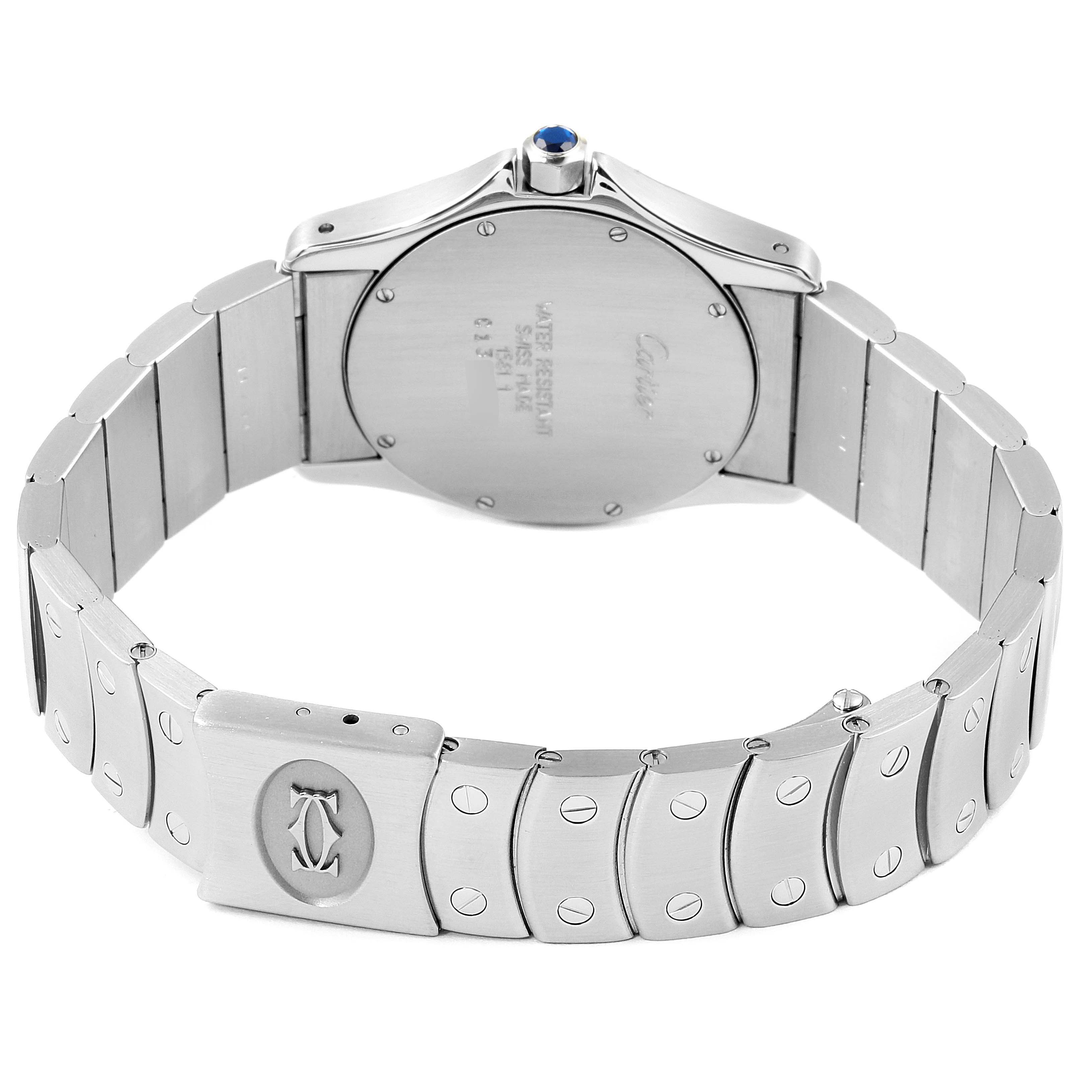 The image shows the back and bracelet of a Cartier Santos 1561 Men
s Stainless Steel White Dial 1561 Men
s Stainless Steel White Dial watch, highlighting the case, screws, clasp, and the crown with a blue gem.