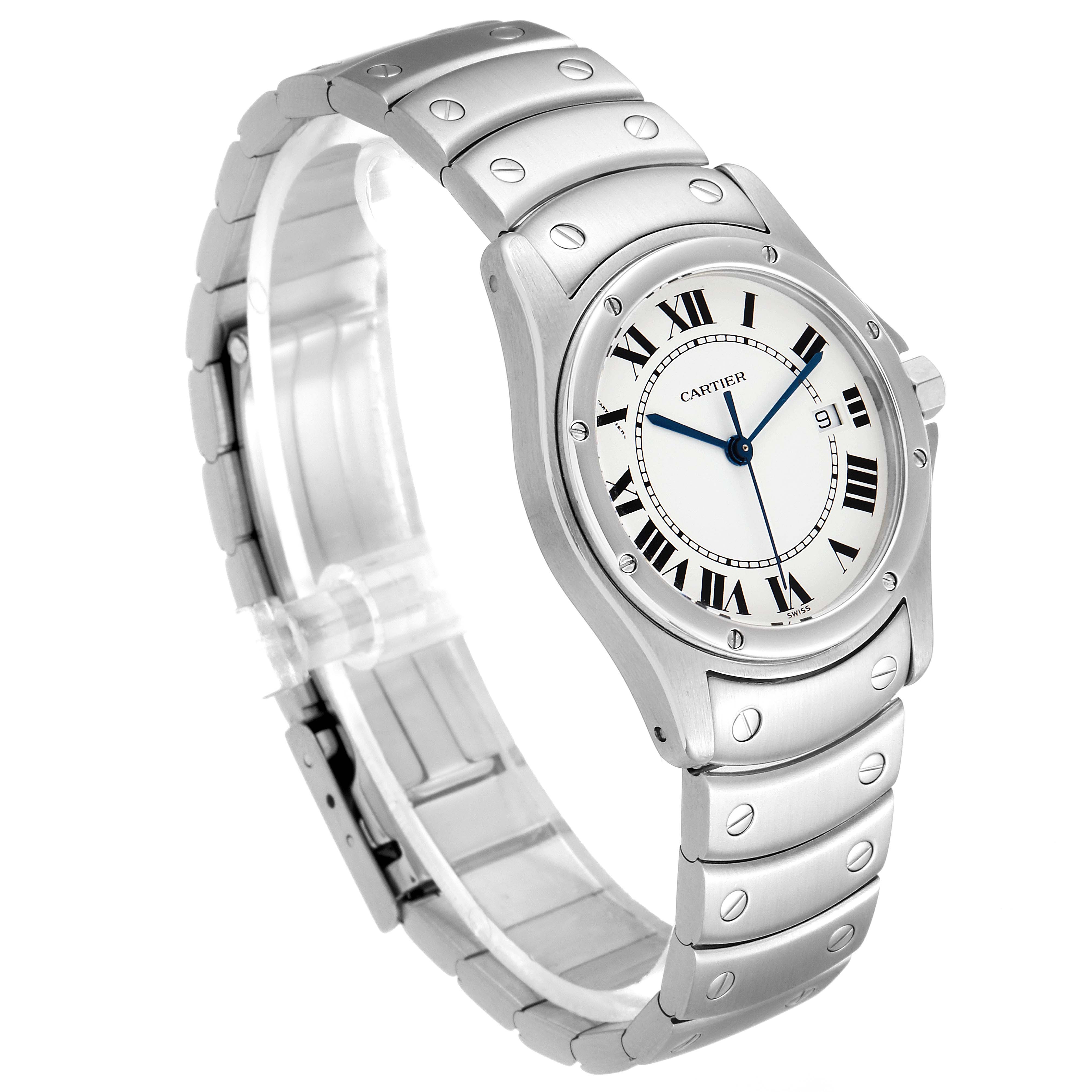 The image shows a Cartier Santos 1561 Men
s Stainless Steel White Dial 1561 Men
s Stainless Steel White Dial watch from an angled top view, highlighting the face, bezel, and bracelet with screws.