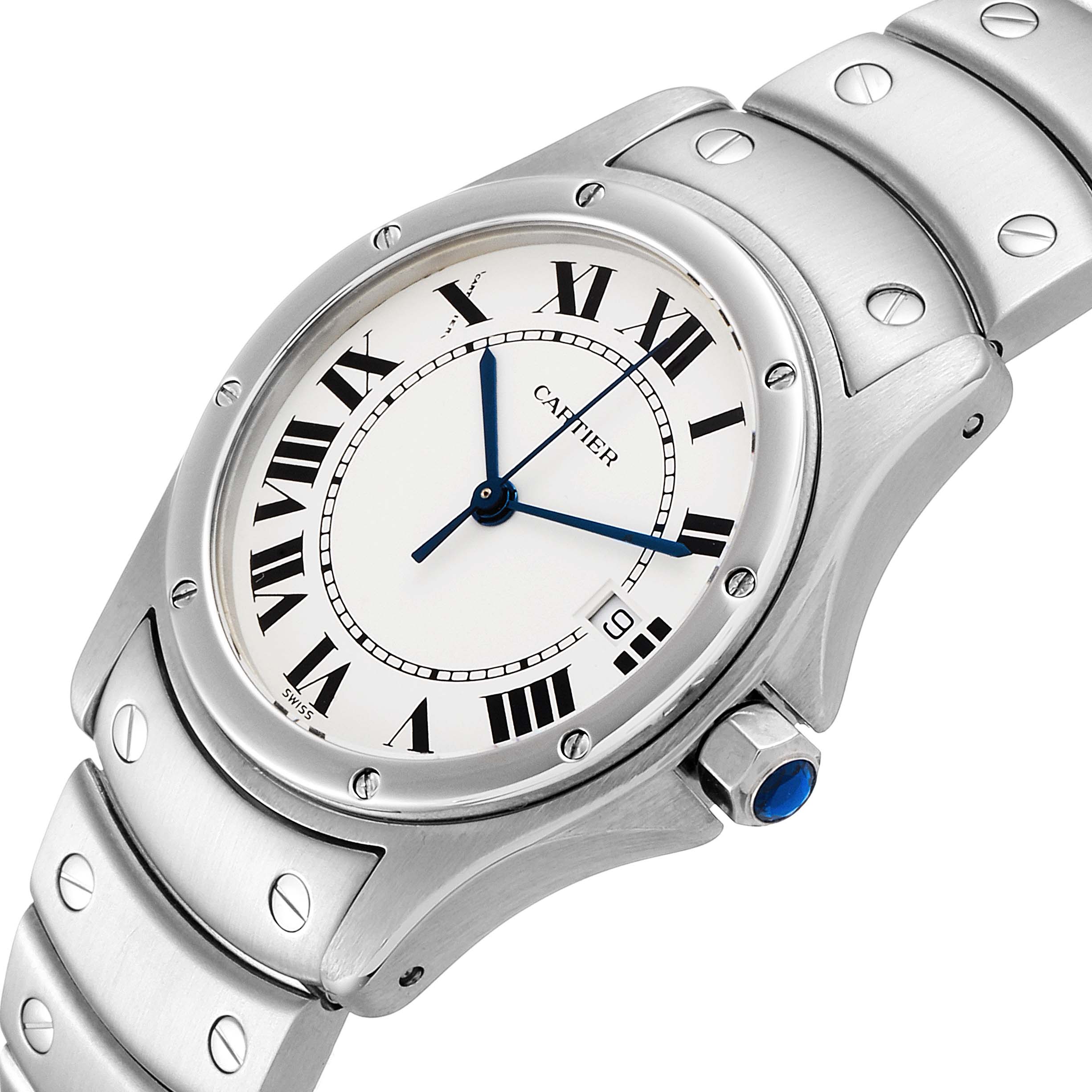 The image shows a close-up angle of the Cartier Santos 1561 Men
s Stainless Steel White Dial 1561 Men
s Stainless Steel White Dial watch, highlighting the watch face, bezel, and part of the bracelet.