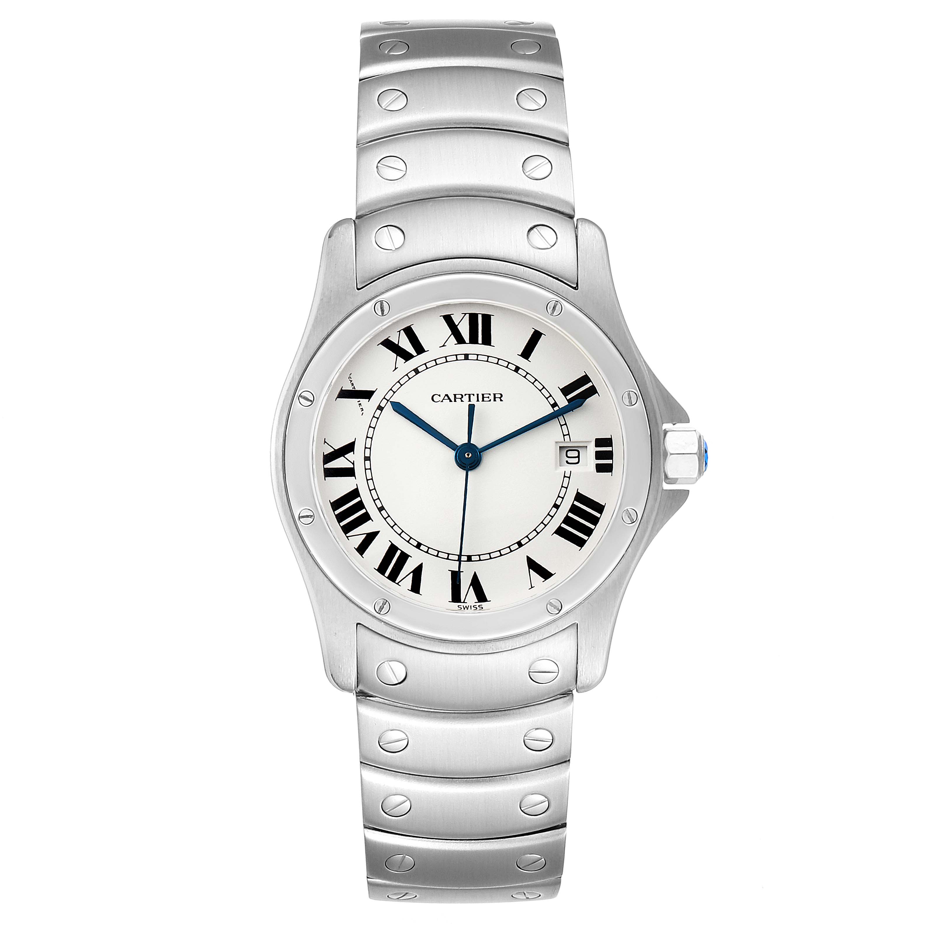 This image shows a frontal view of a Cartier Santos 1561 Men
s Stainless Steel White Dial 1561 Men
s Stainless Steel White Dial watch featuring its stainless steel case and bracelet with visible screw details.