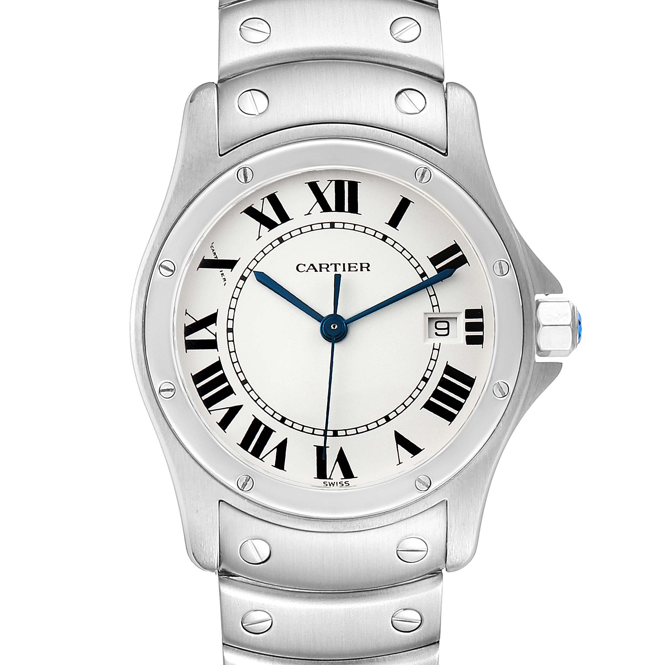 This Cartier Santos 1561 Men
s Stainless Steel White Dial 1561 Men
s Stainless Steel White Dial watch is shown from a front angle, highlighting the dial, bezel, and part of the bracelet.