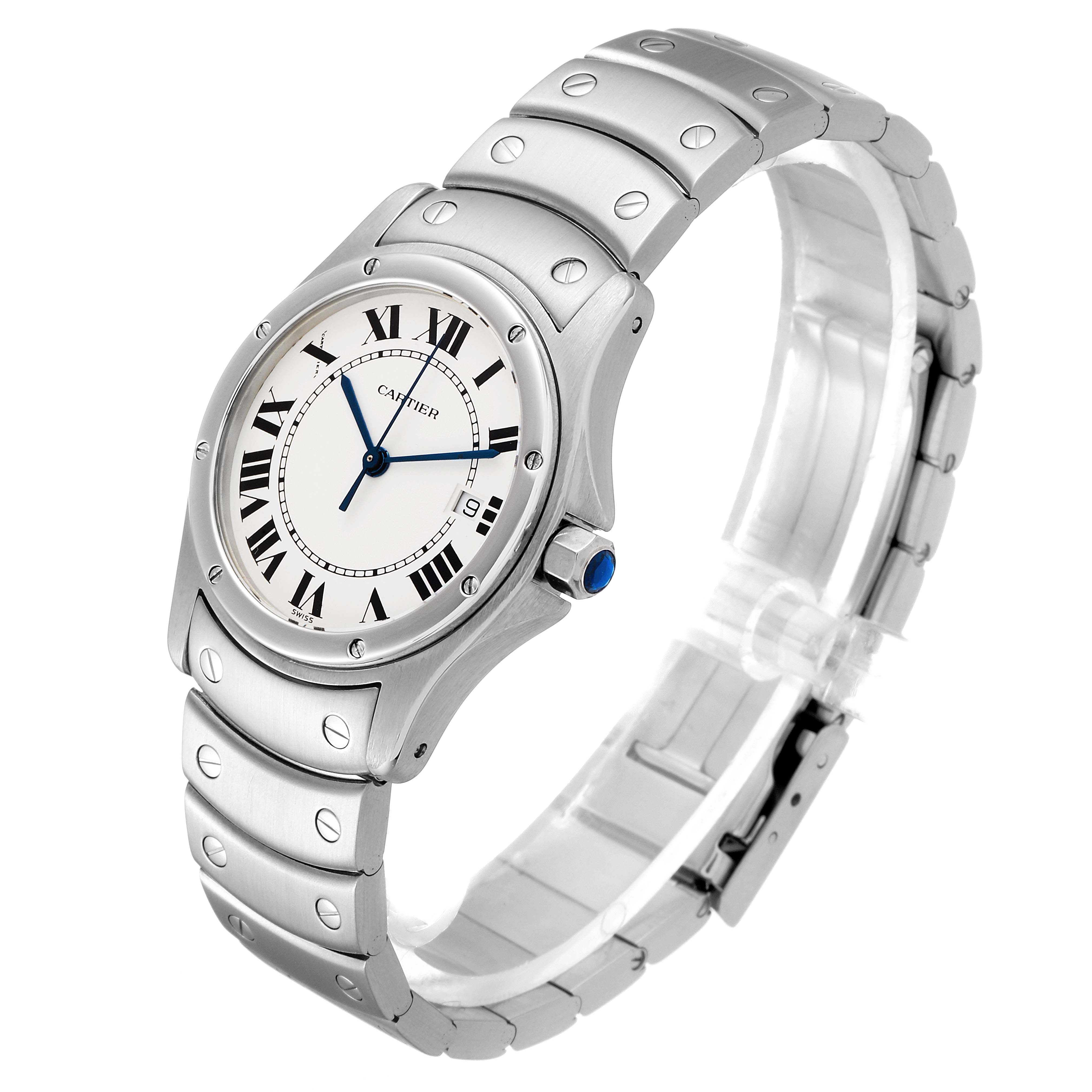The Cartier Santos 1561 Men
s Stainless Steel White Dial 1561 Men
s Stainless Steel White Dial watch is shown from a front-side angle, displaying its face, bracelet, and crown.