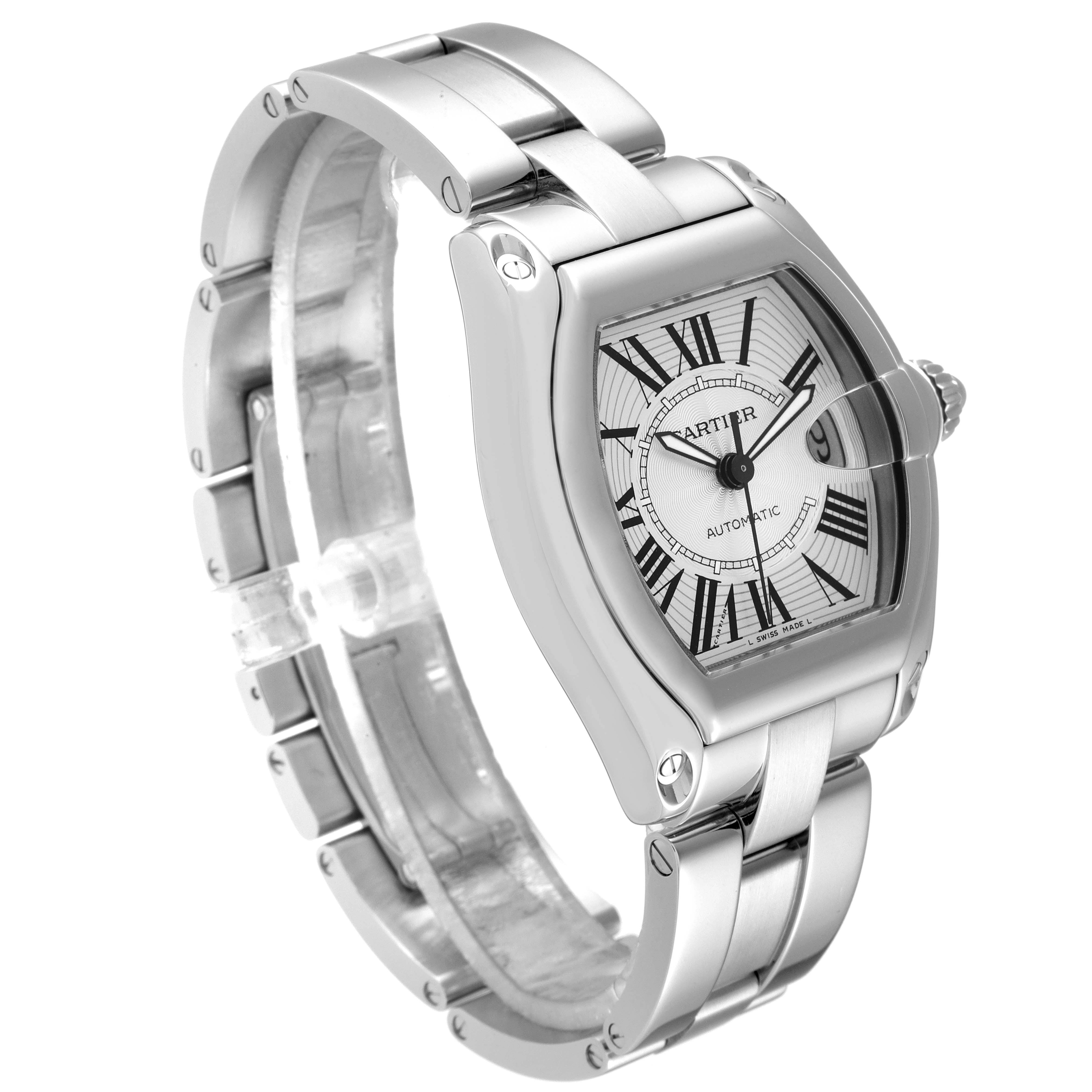 The image shows a Cartier Roadster W62025V3 Men
s Stainless Steel Silver Dial W62025V3 Men
s Stainless Steel Silver Dial watch angled to display its face and bracelet.
