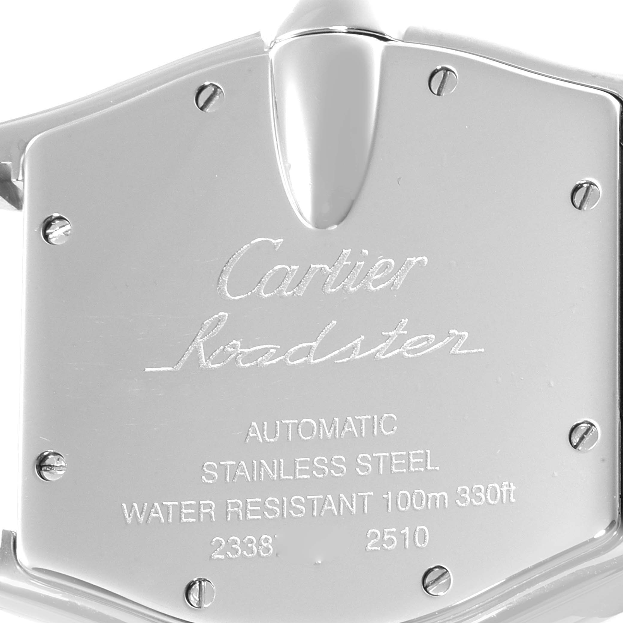 This image shows the back case of a Cartier Roadster W62025V3 Men
s Stainless Steel Silver Dial W62025V3 Men
s Stainless Steel Silver Dial watch, highlighting its engraving and specifications.