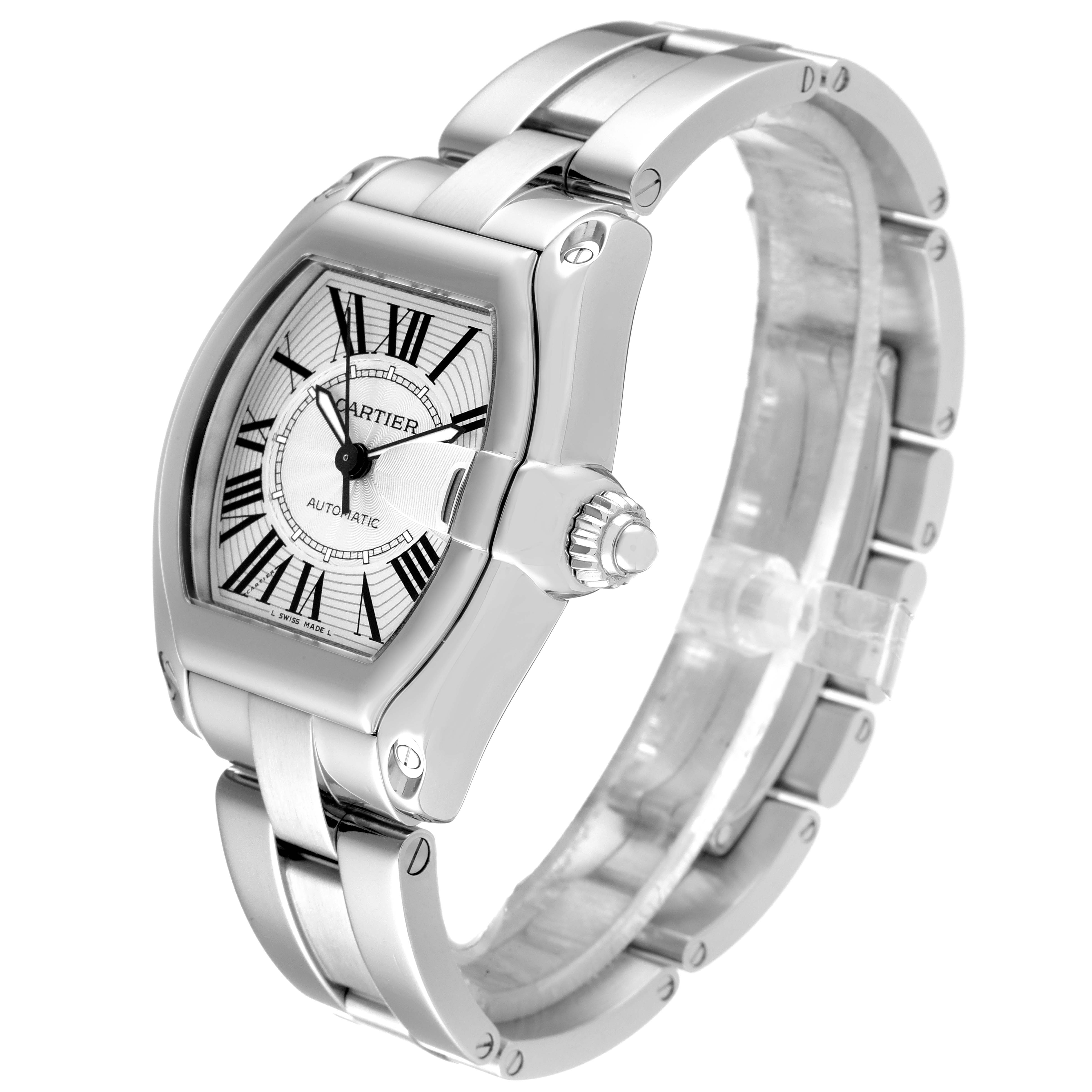 The Cartier Roadster W62025V3 Men
s Stainless Steel Silver Dial W62025V3 Men
s Stainless Steel Silver Dial watch is shown in a three-quarter view, displaying the face, bezel, crown, and metal bracelet.