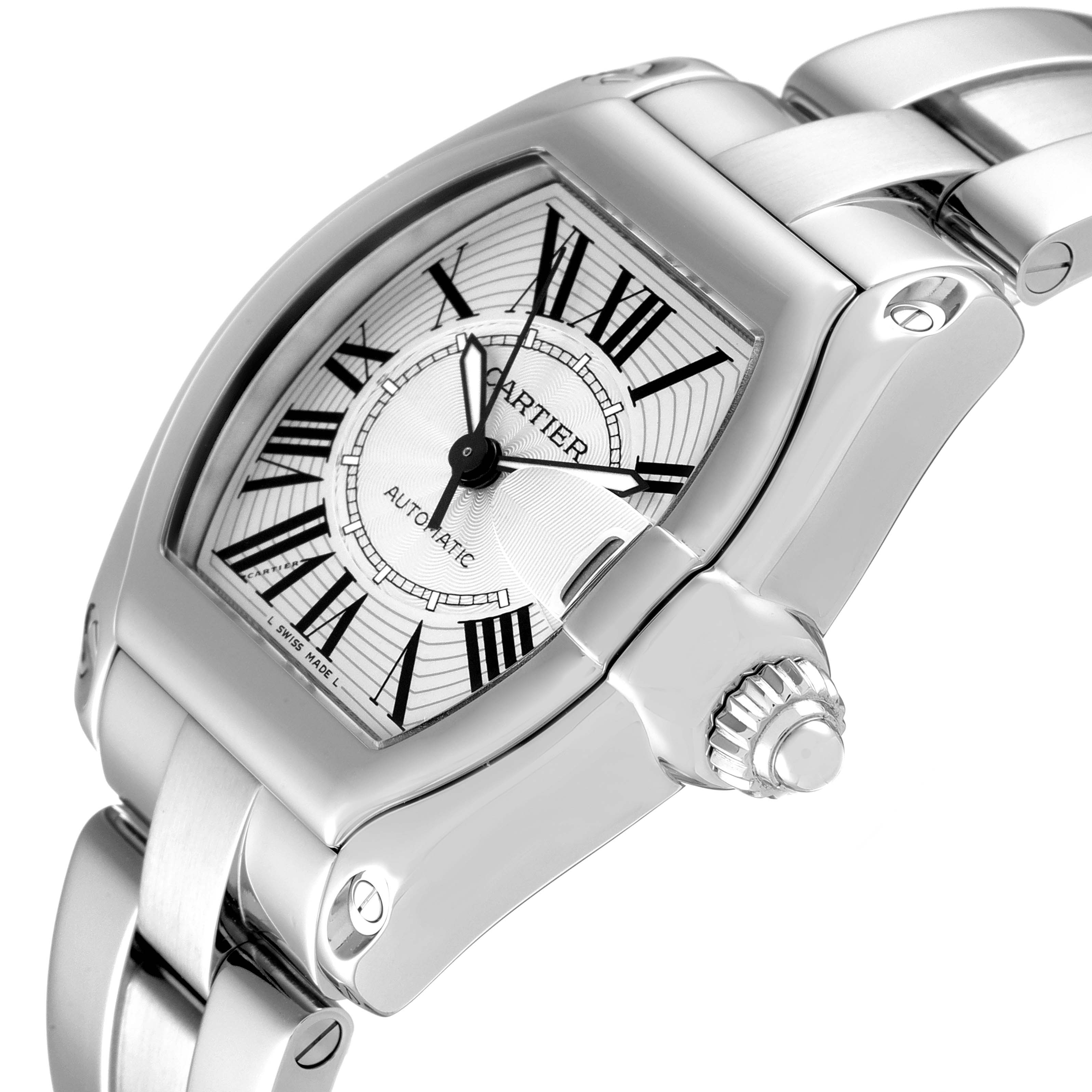 This image shows a Cartier Roadster W62025V3 Men
s Stainless Steel Silver Dial W62025V3 Men
s Stainless Steel Silver Dial watch at an angled view, highlighting the face, crown, and part of the bracelet.