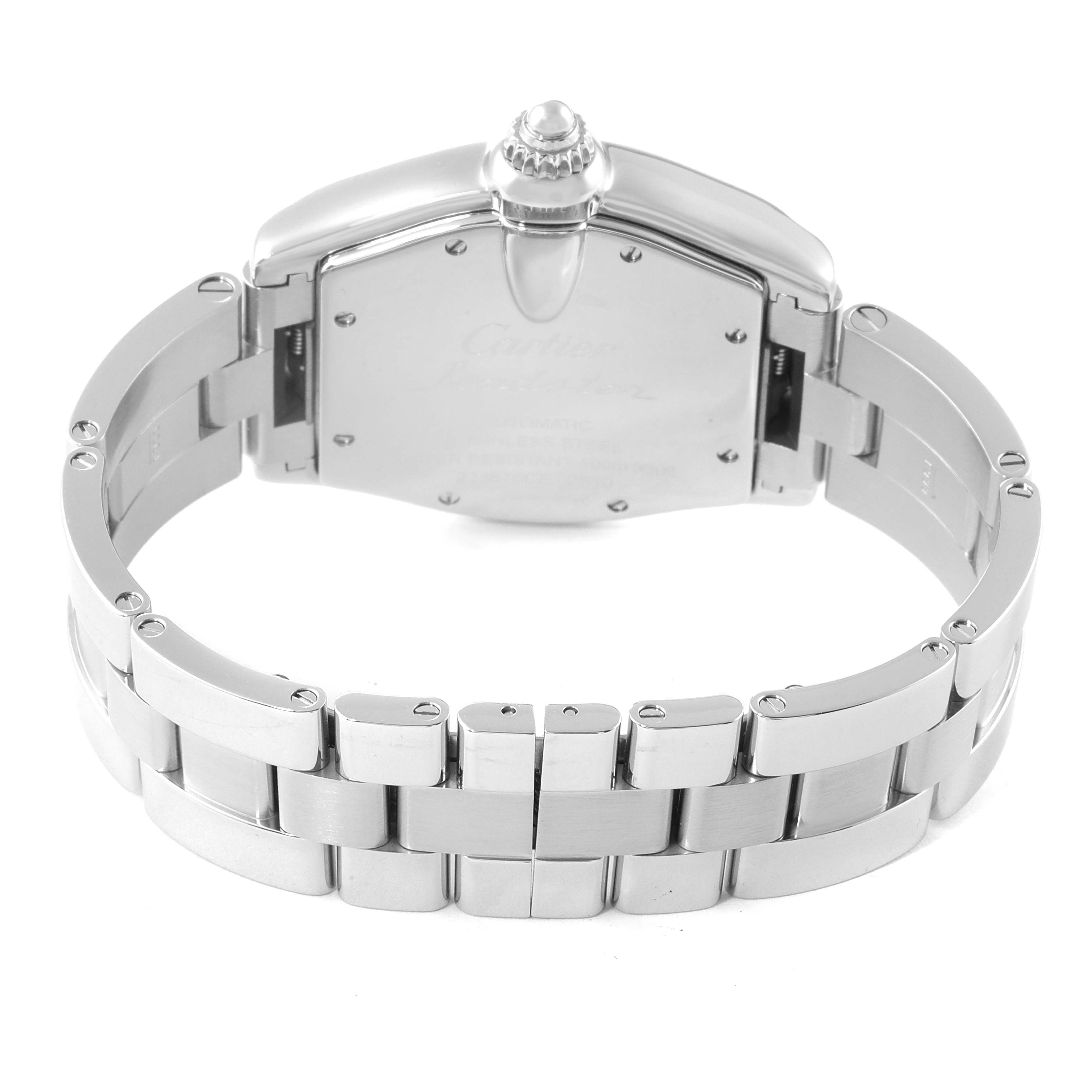 This image shows the back side of the Cartier Roadster W62025V3 Men
s Stainless Steel Silver Dial W62025V3 Men
s Stainless Steel Silver Dial watch, highlighting the case back and stainless steel bracelet.