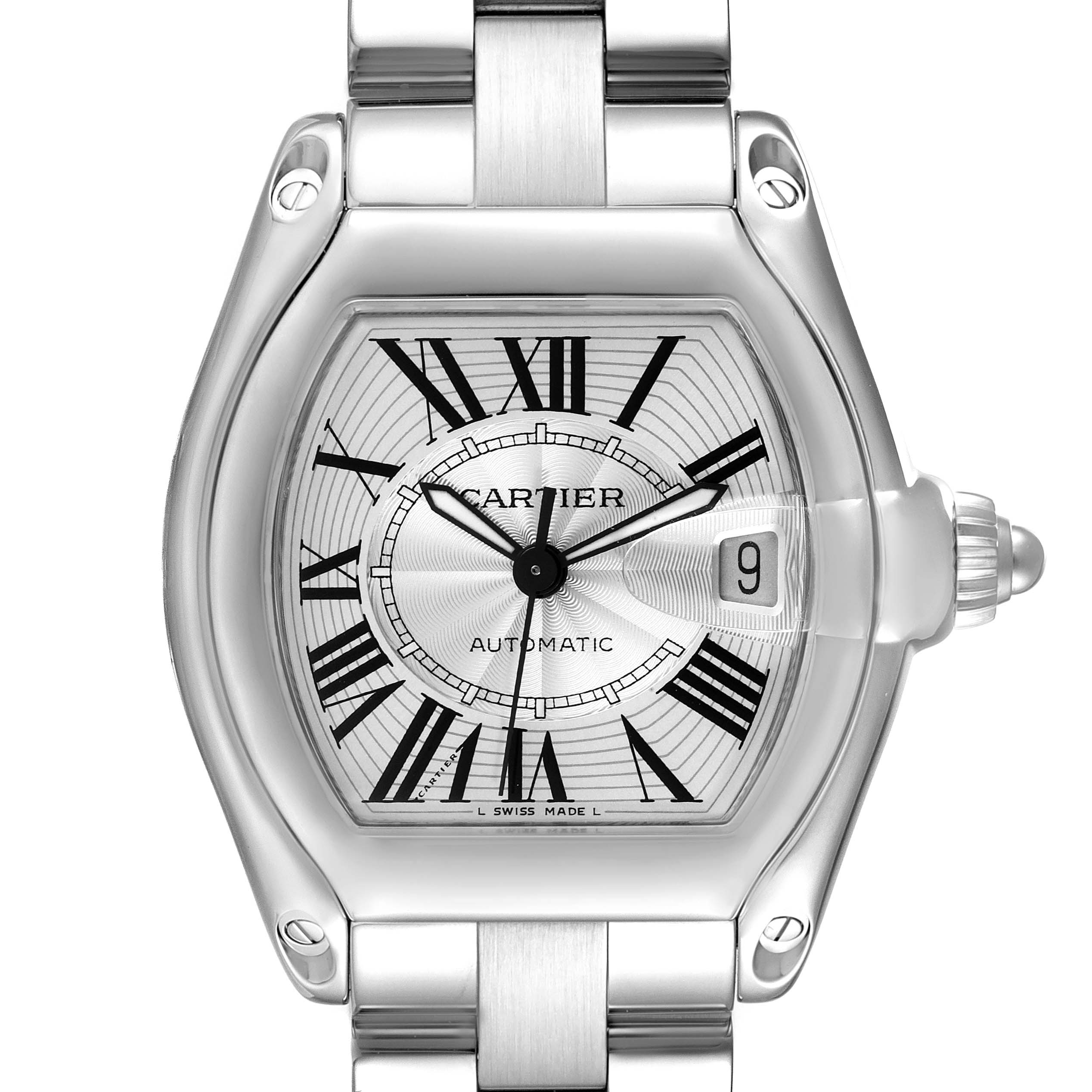 The image shows a frontal view of the Cartier Roadster W62025V3 Men
s Stainless Steel Silver Dial W62025V3 Men
s Stainless Steel Silver Dial watch, highlighting its silver dial, Roman numerals, and metal bracelet.