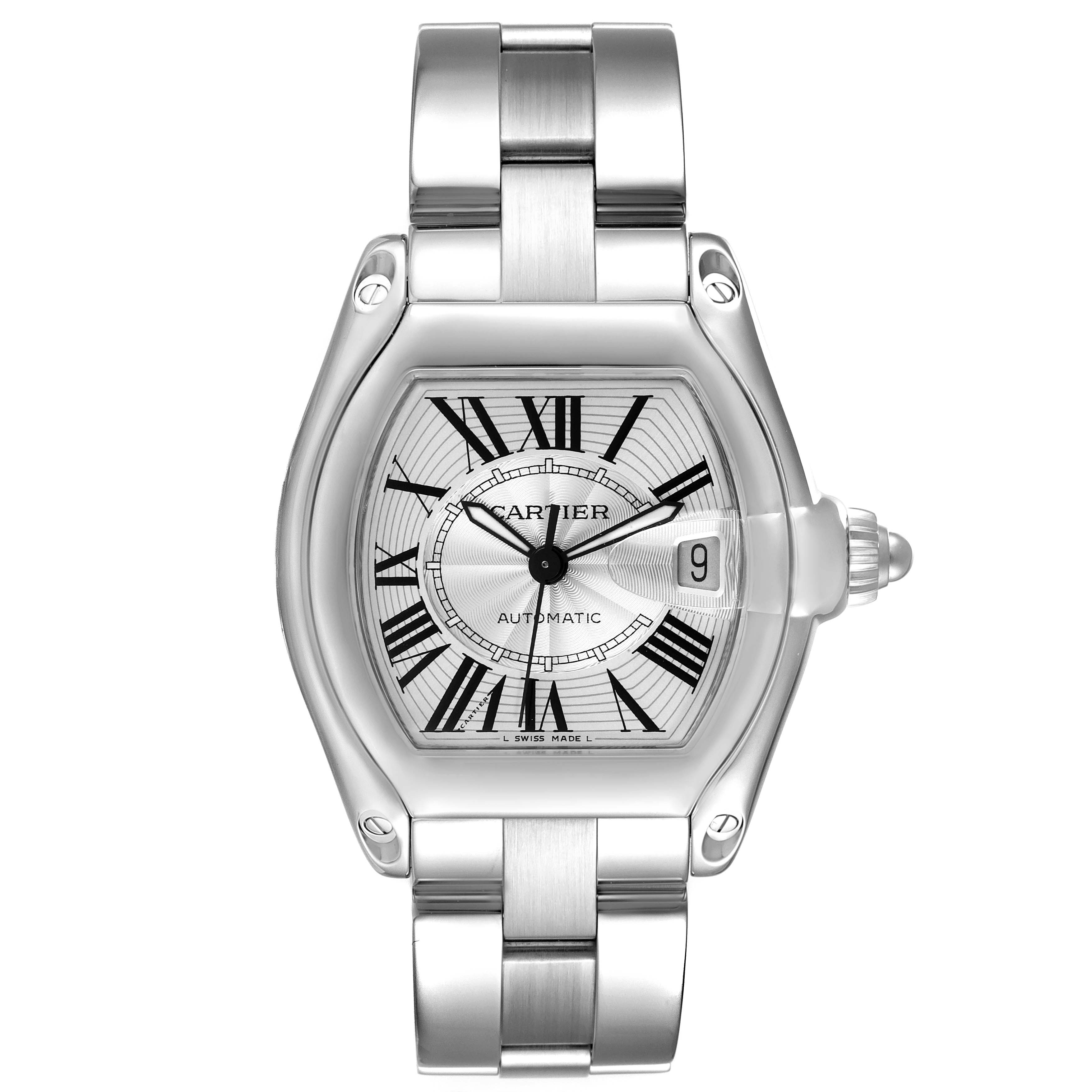 This image shows a front view of the Cartier Roadster W62025V3 Men
s Stainless Steel Silver Dial W62025V3 Men
s Stainless Steel Silver Dial watch, highlighting its dial, bracelet, and crown.