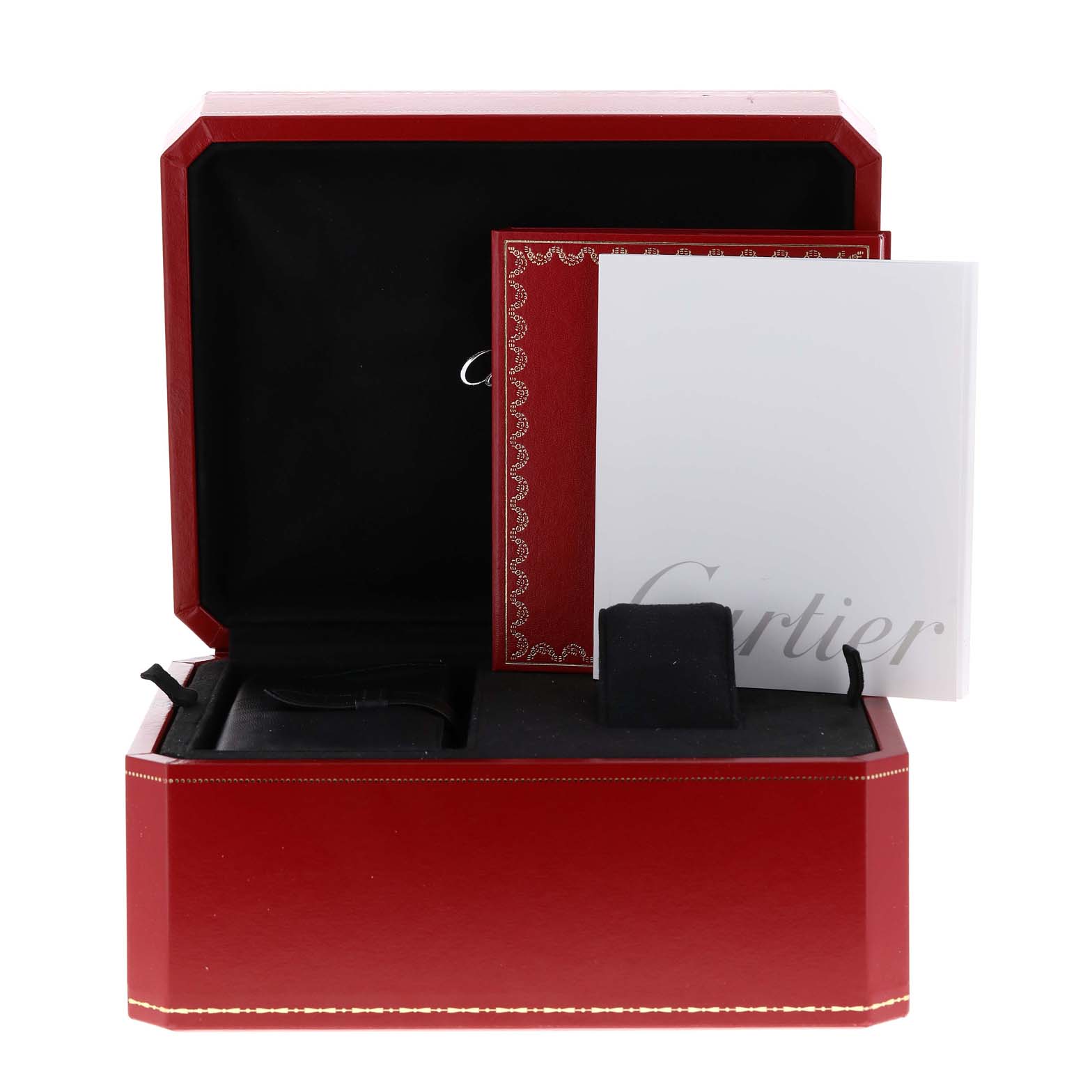 The image shows the packaging and accessories of the Roadster model by Cartier, including a red box and documentation.