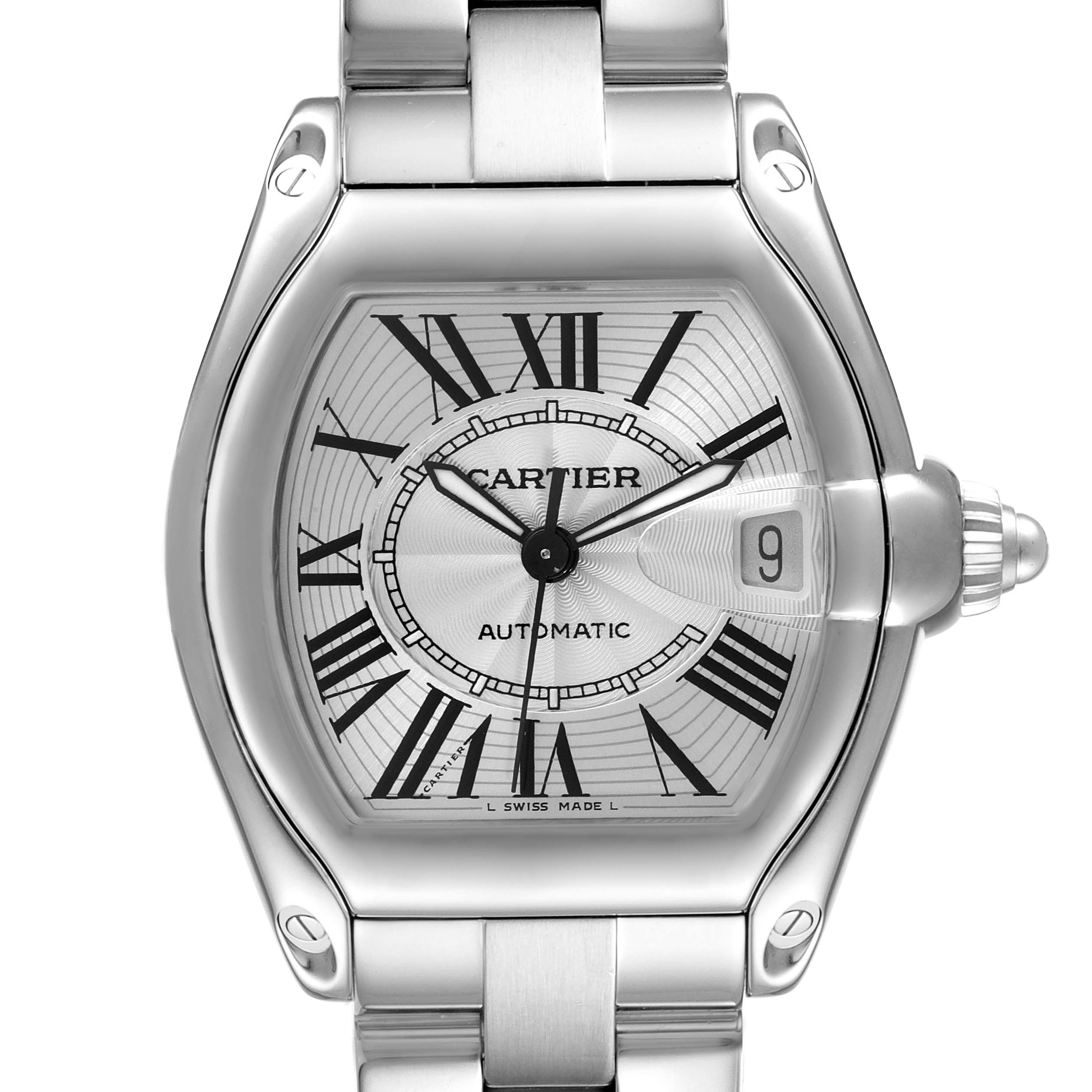 This image shows a close-up, front view of the Cartier Roadster W62025V3 Men
s Stainless Steel Silver Dial W62025V3 Men
s Stainless Steel Silver Dial watch, highlighting its face, bezel, and part of the bracelet.