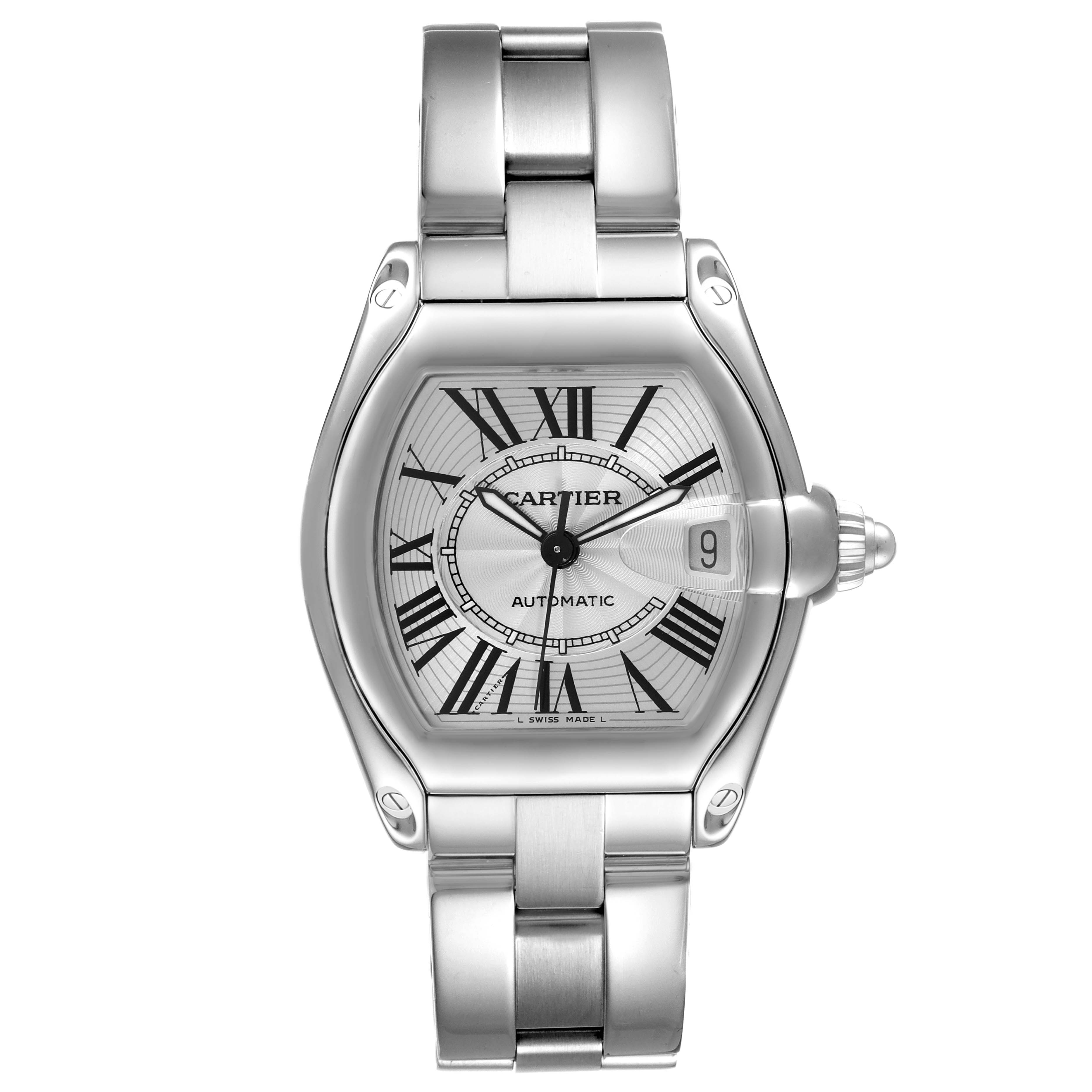 The image shows a frontal view of a Cartier Roadster W62025V3 Men
s Stainless Steel Silver Dial W62025V3 Men
s Stainless Steel Silver Dial watch, highlighting its face, bezel, crown, and bracelet.