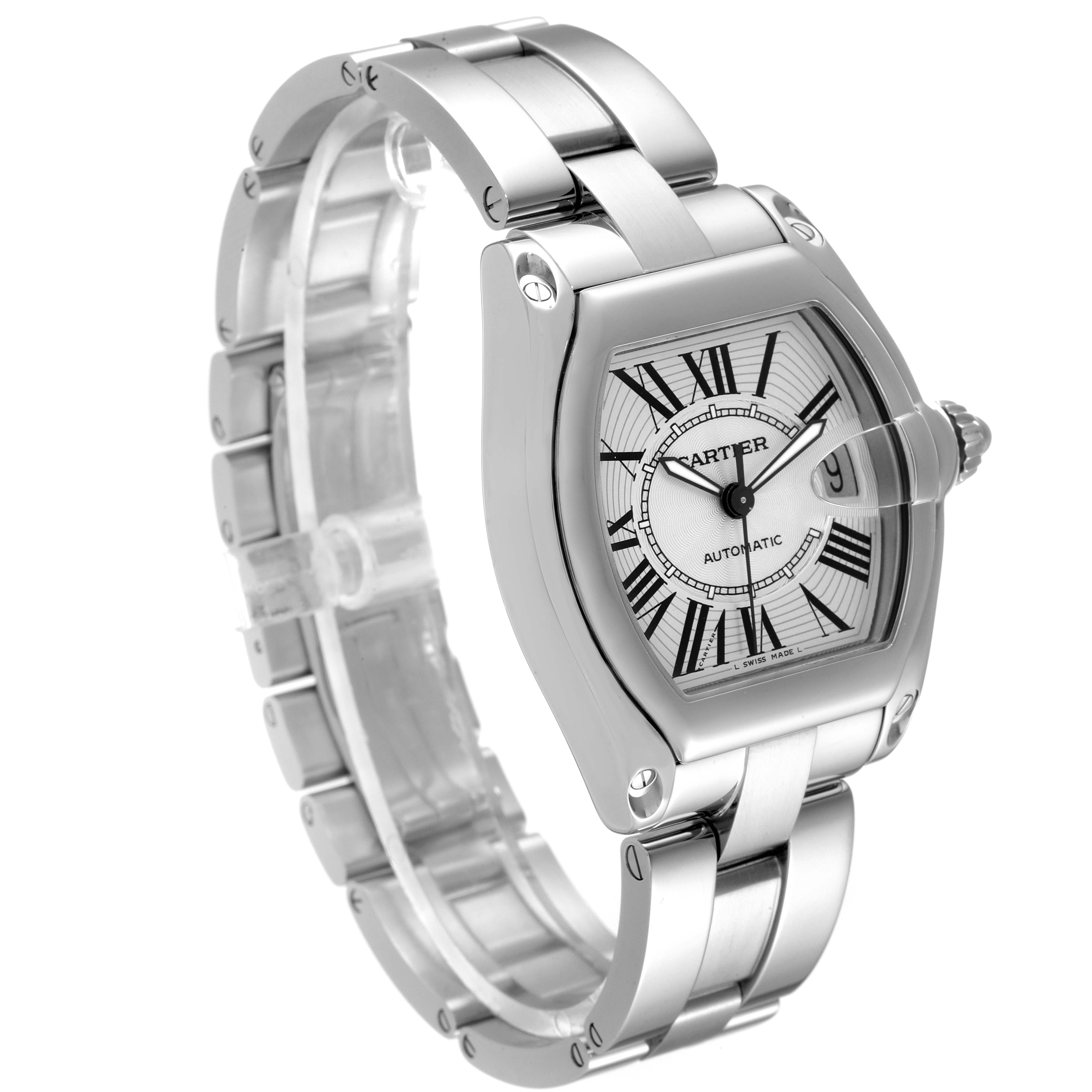 The image shows a frontal angle of the Cartier Roadster W62025V3 Men
s Stainless Steel Silver Dial W62025V3 Men
s Stainless Steel Silver Dial model watch, highlighting its face, bezel, and bracelet.