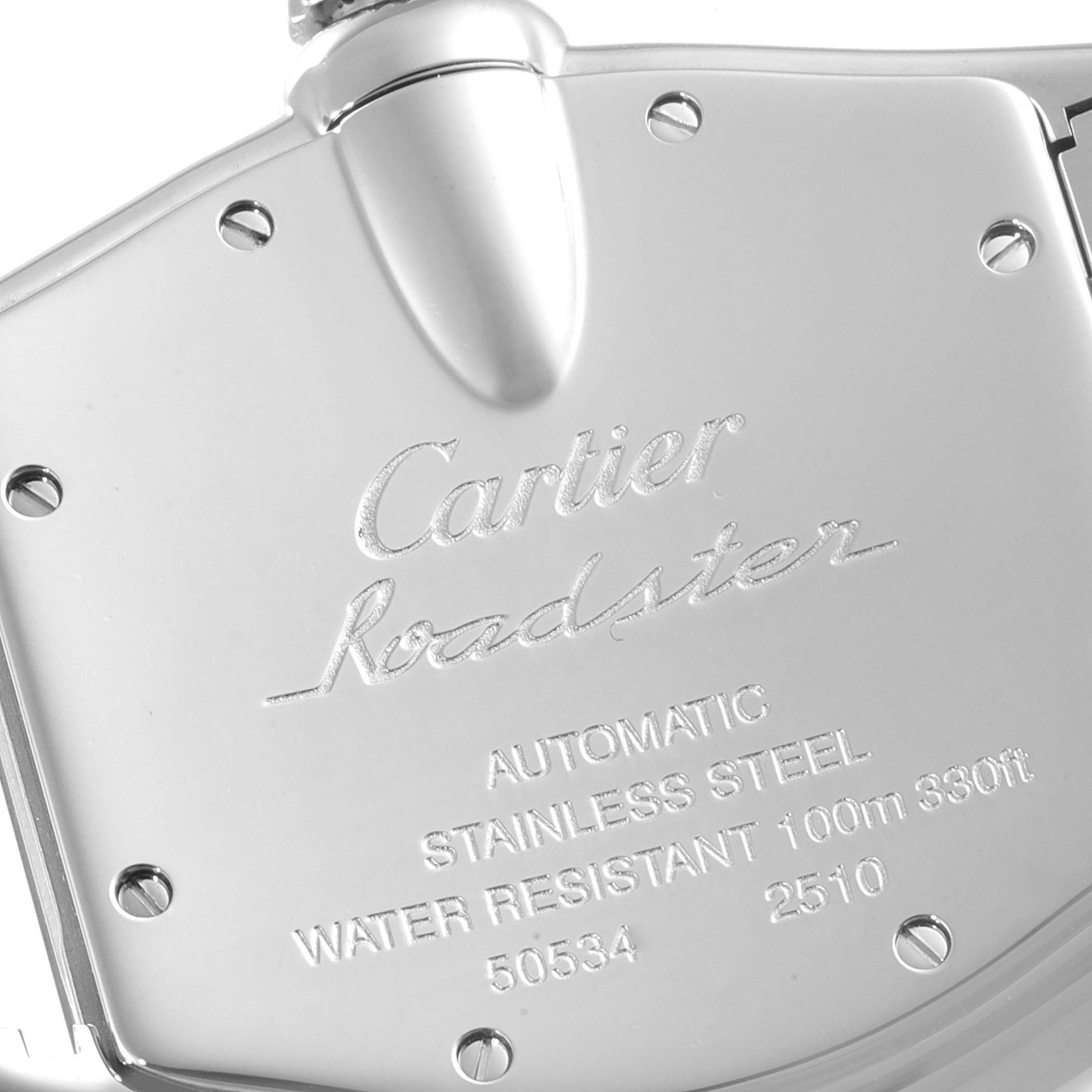 This image shows the back case of the Cartier Roadster W62025V3 Men
s Stainless Steel Silver Dial W62025V3 Men
s Stainless Steel Silver Dial watch, highlighting the engraved brand and model details.