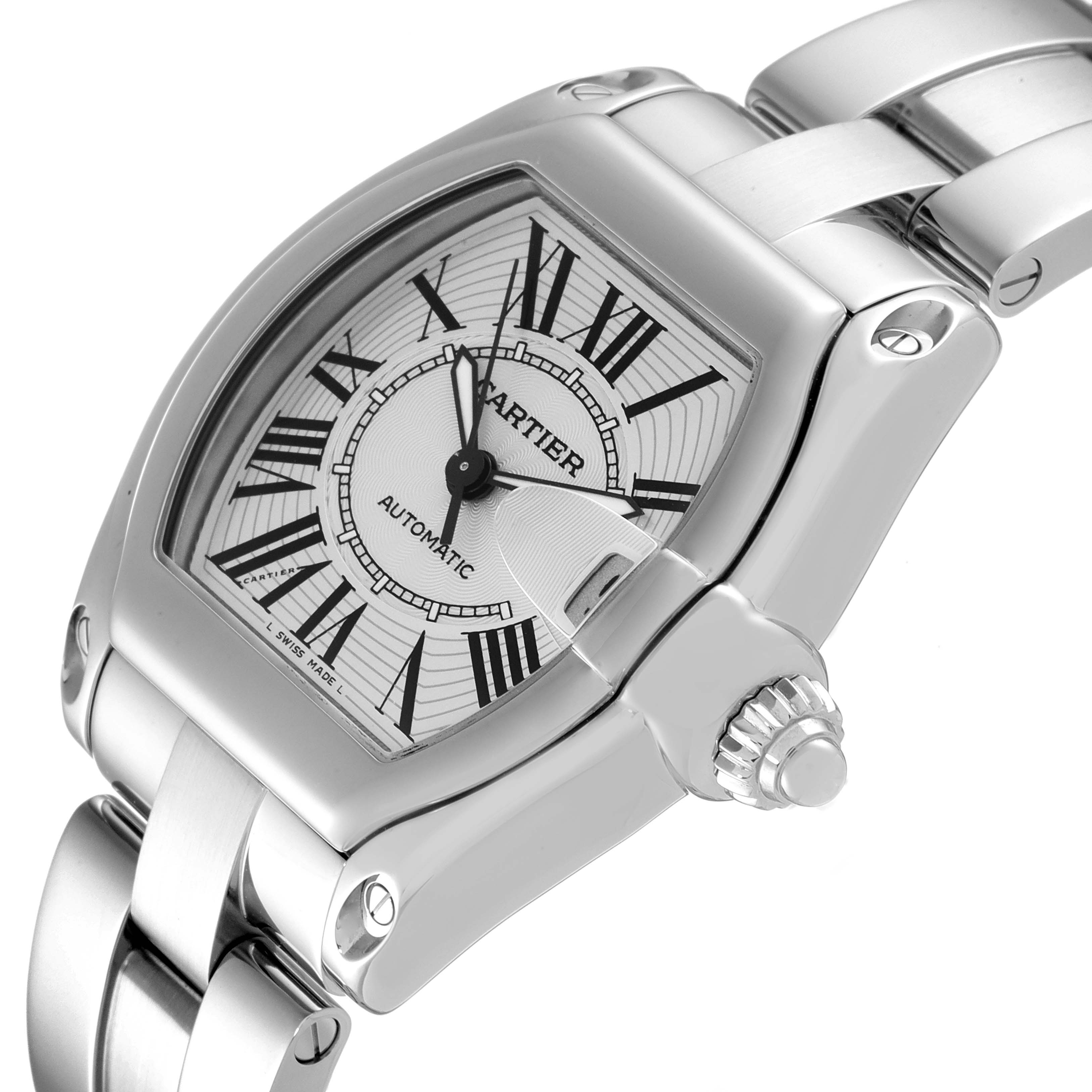 This image shows a close-up angled view of the Cartier Roadster W62025V3 Men
s Stainless Steel Silver Dial W62025V3 Men
s Stainless Steel Silver Dial watch, highlighting the dial, crown, and part of the bracelet.