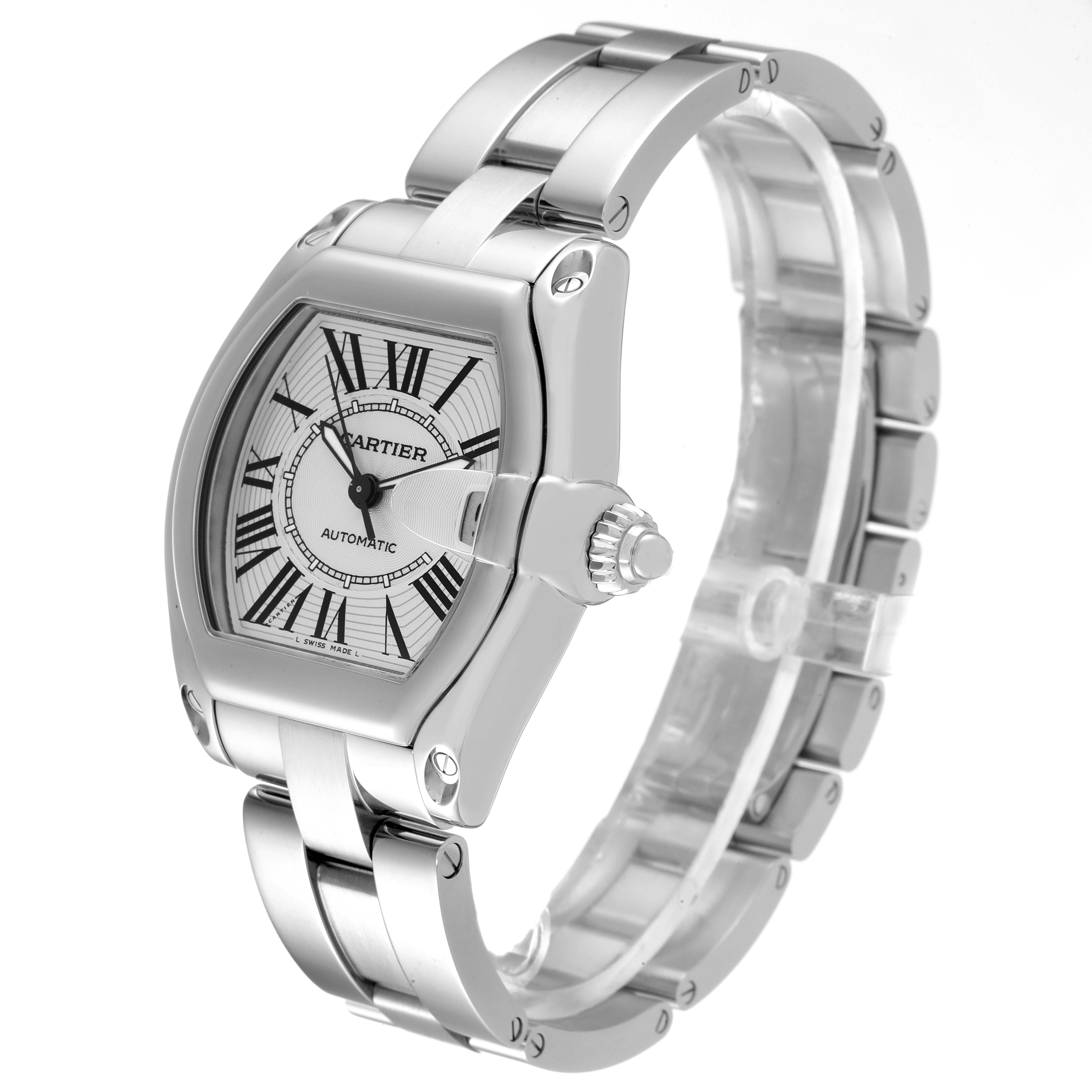 The Cartier Roadster W62025V3 Men
s Stainless Steel Silver Dial W62025V3 Men
s Stainless Steel Silver Dial watch is shown at a 3/4 angle, highlighting its dial, case, crown, and bracelet.