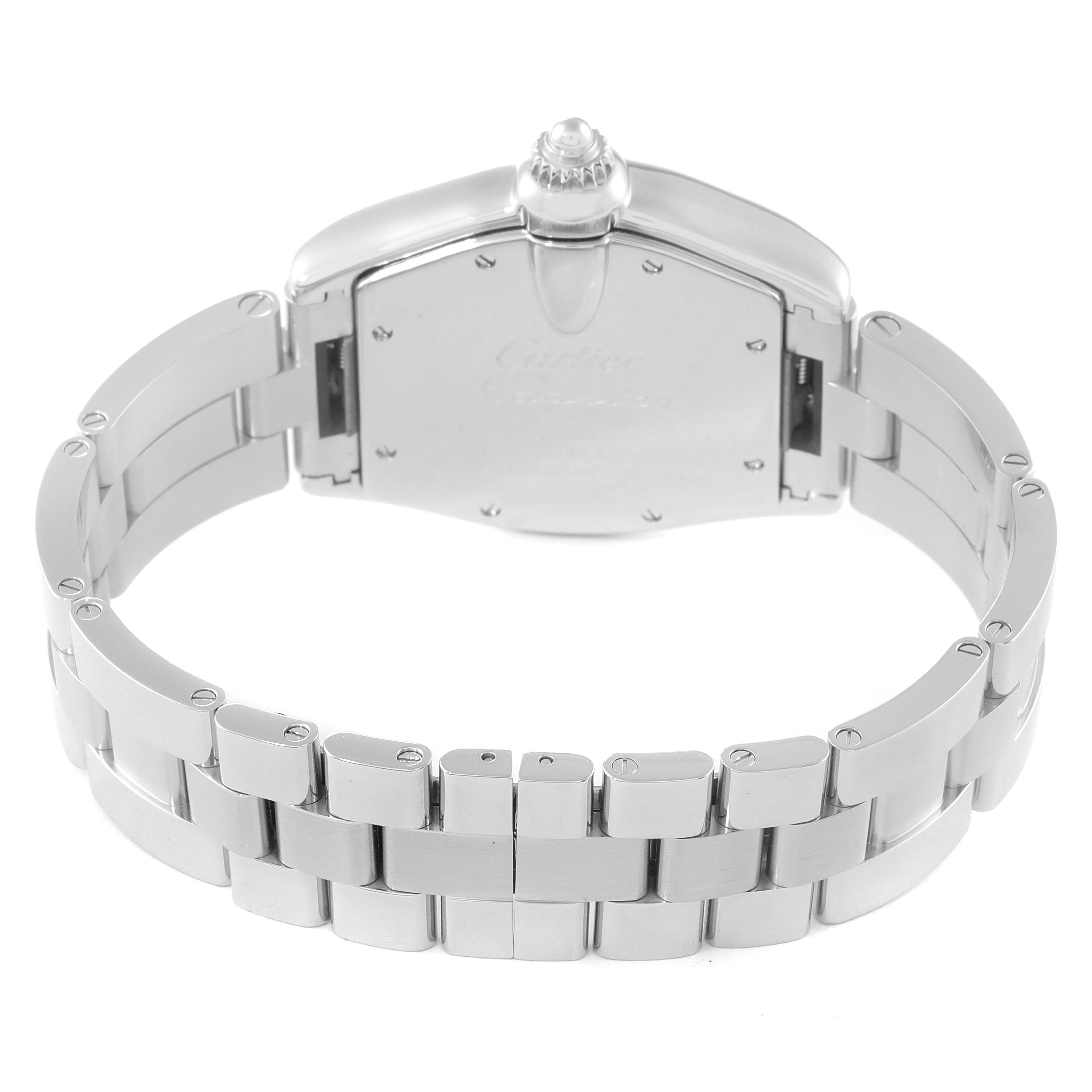 This image shows the back and bracelet of the Cartier Roadster W62025V3 Men
s Stainless Steel Silver Dial W62025V3 Men
s Stainless Steel Silver Dial watch from a rear angle.