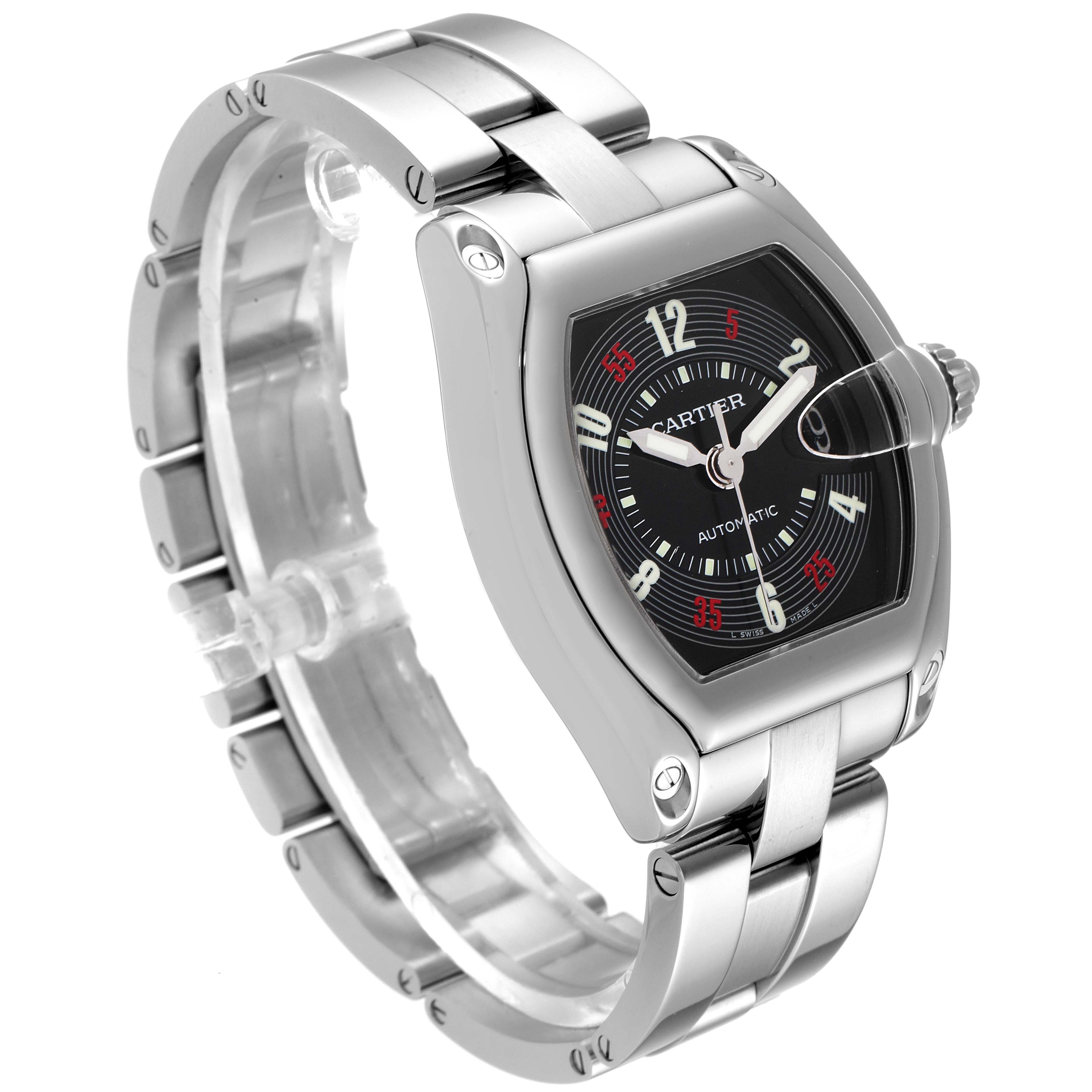 The image shows a Cartier Roadster W62002V3 Men
s Stainless Steel Black Dial W62002V3 Men
s Stainless Steel Black Dial watch at a three-quarter angle, highlighting its metal band, black dial, and magnified date.