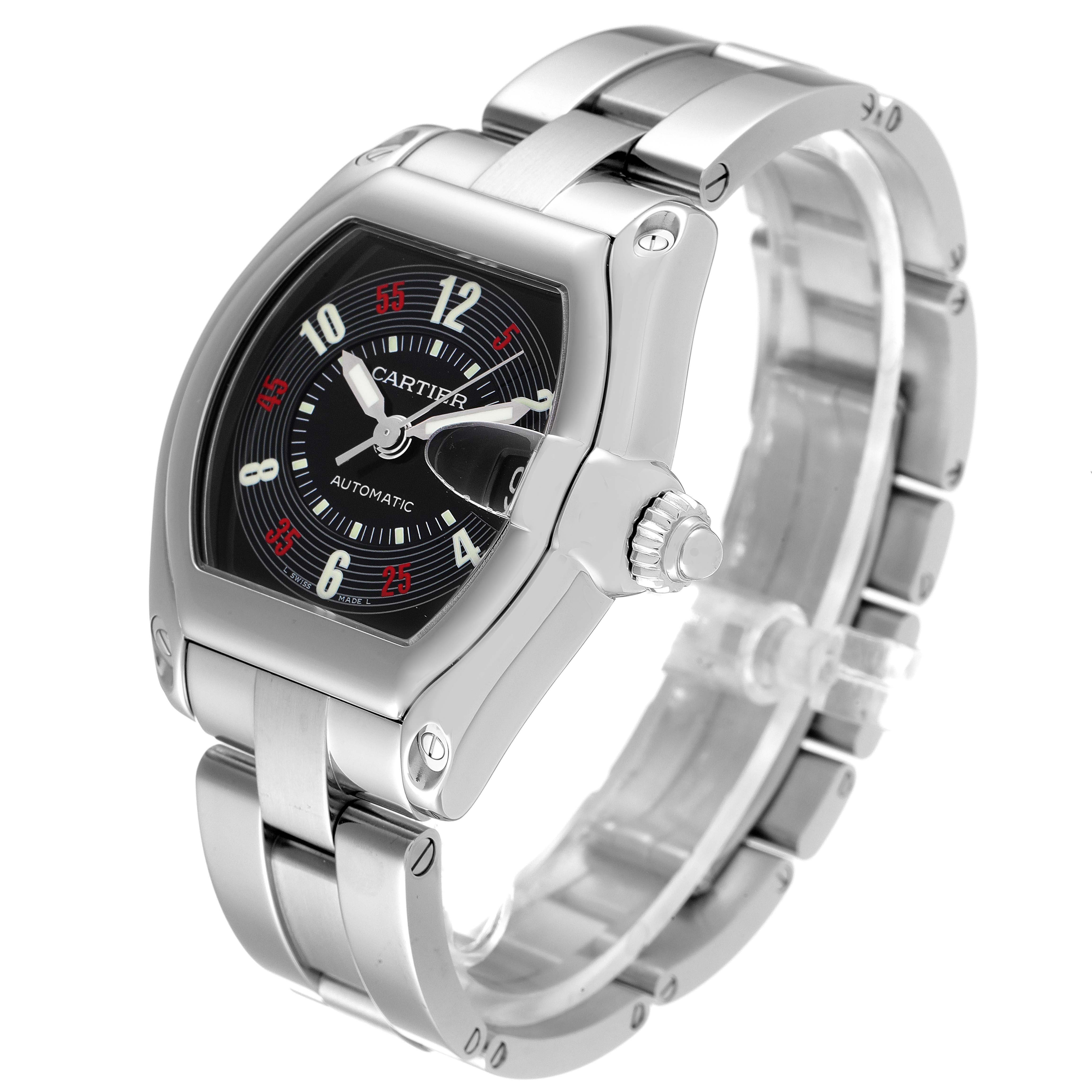 The Cartier Roadster W62002V3 Men
s Stainless Steel Black Dial W62002V3 Men
s Stainless Steel Black Dial watch is shown at a three-quarter angle, displaying its face, bezel, crown, and part of the bracelet.