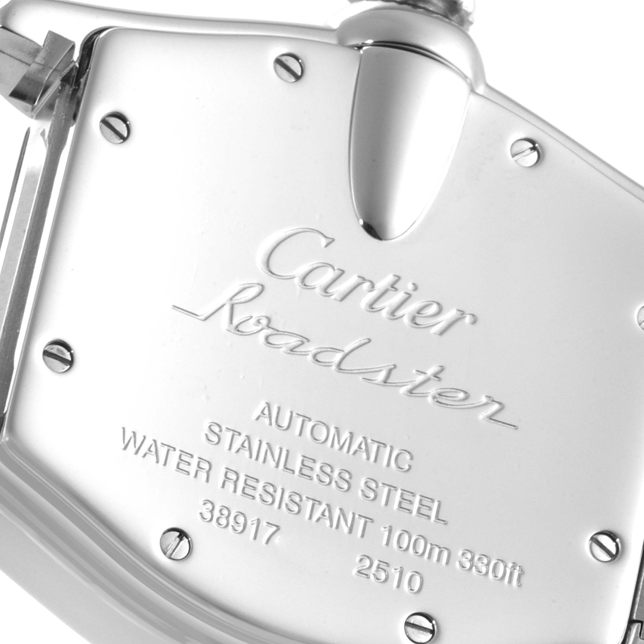 The image shows the back case of a Cartier Roadster W62002V3 Men
s Stainless Steel Black Dial W62002V3 Men
s Stainless Steel Black Dial watch, displaying branding and specification engravings.
