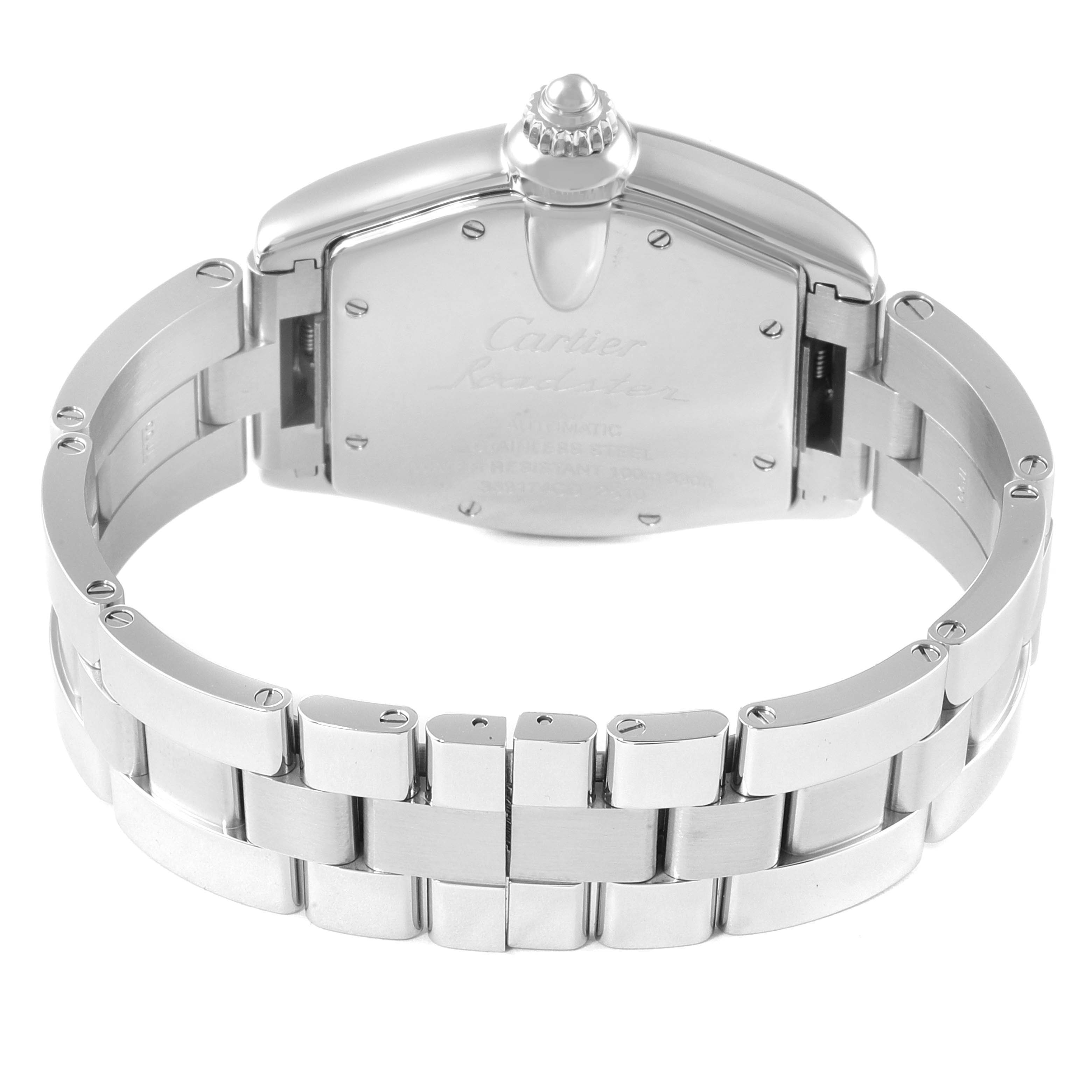 This image shows the back and bracelet of the Cartier Roadster W62002V3 Men
s Stainless Steel Black Dial W62002V3 Men
s Stainless Steel Black Dial watch, highlighting its metal links and clasp.